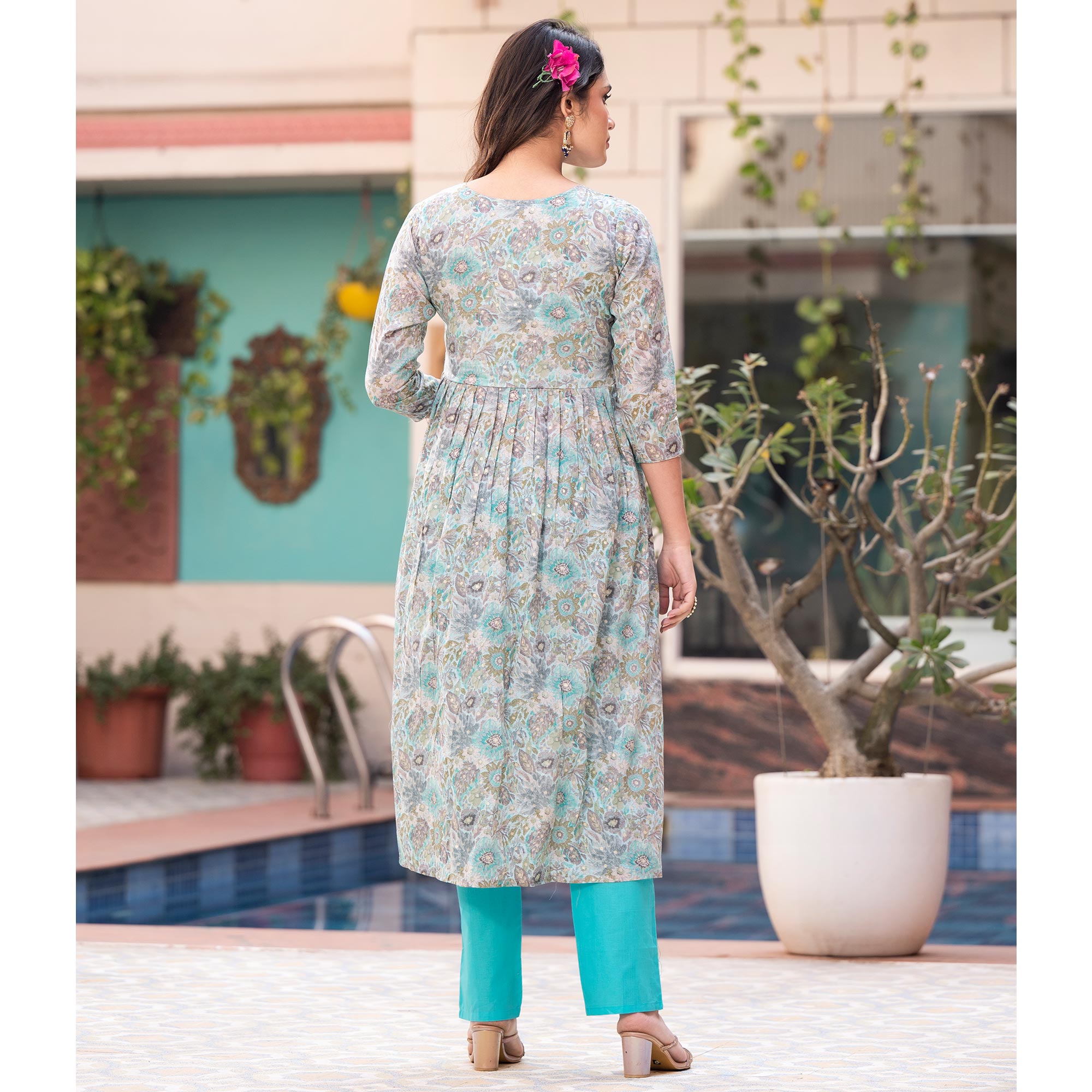 Turquoise Naira Cut Mulmul Cotton Suit with Handcrafted & Foil Print