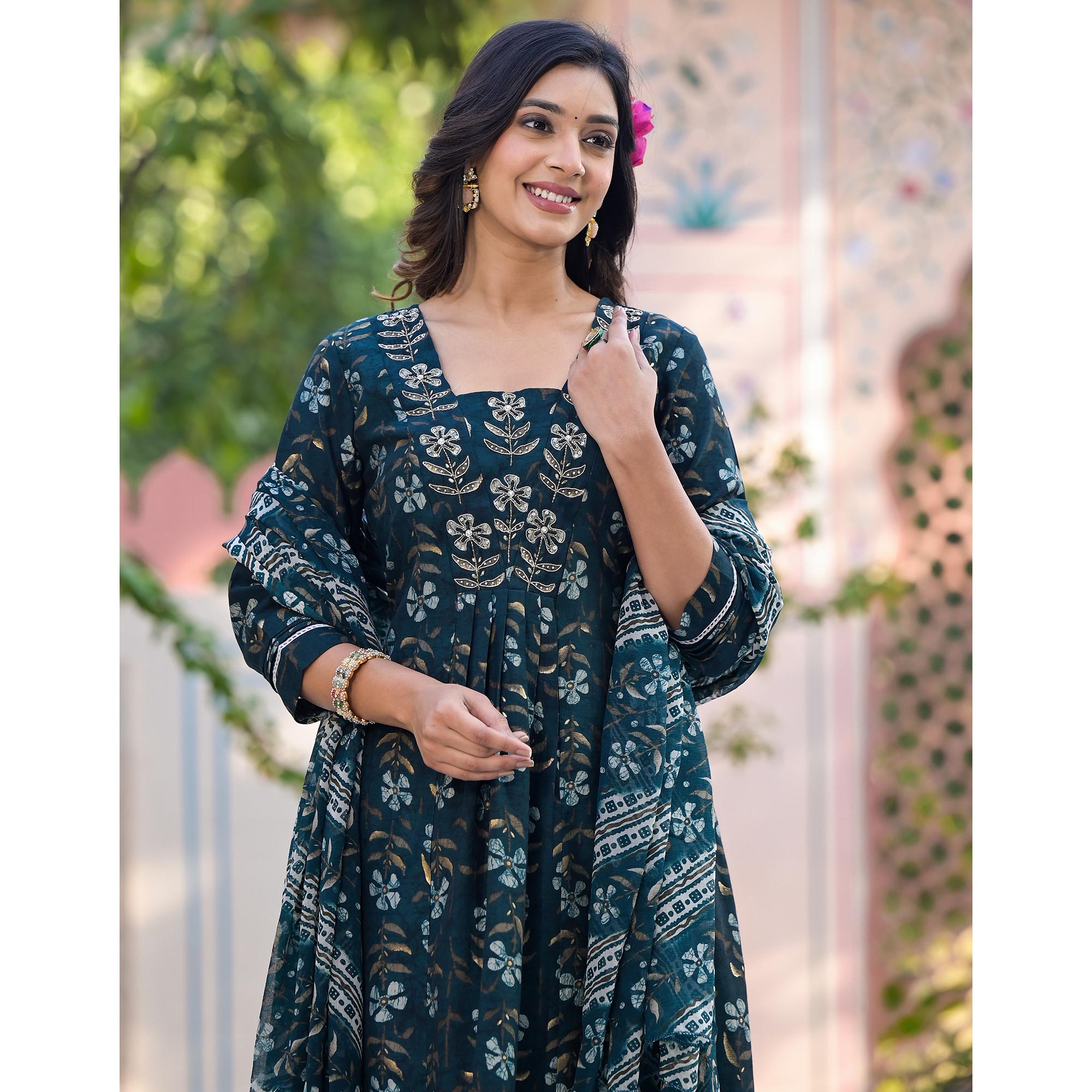 Teal Blue Anarkali Chanderi Silk Suit With Hancrafted & Foil Print