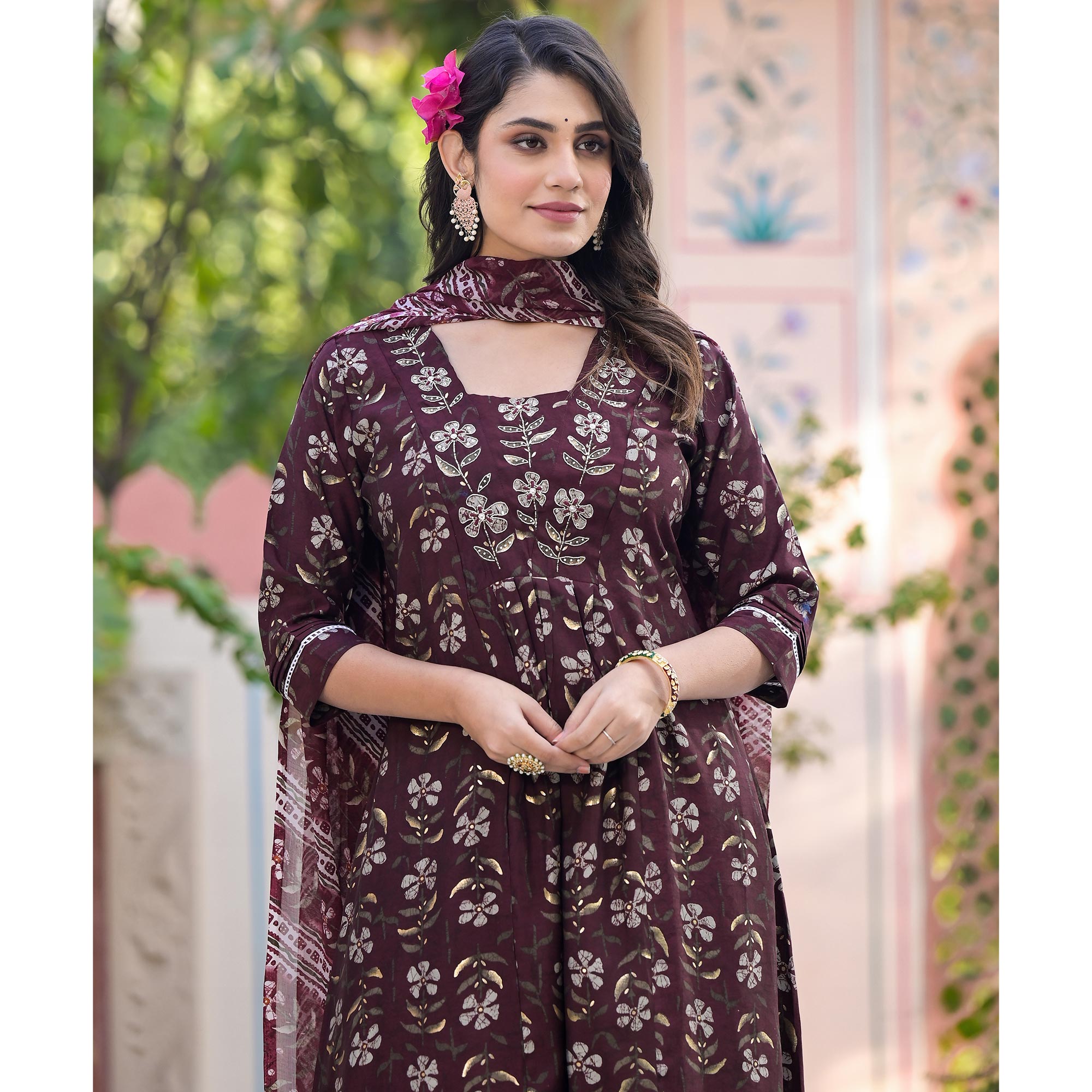 Wine Anarkali Chanderi Silk Suit With Hancrafted & Foil Print