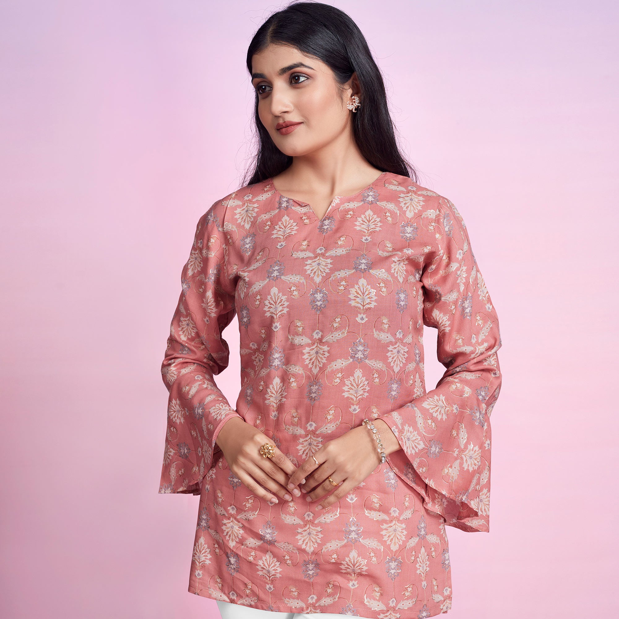 Peach Floral Foil Printed Chanderi Silk Top