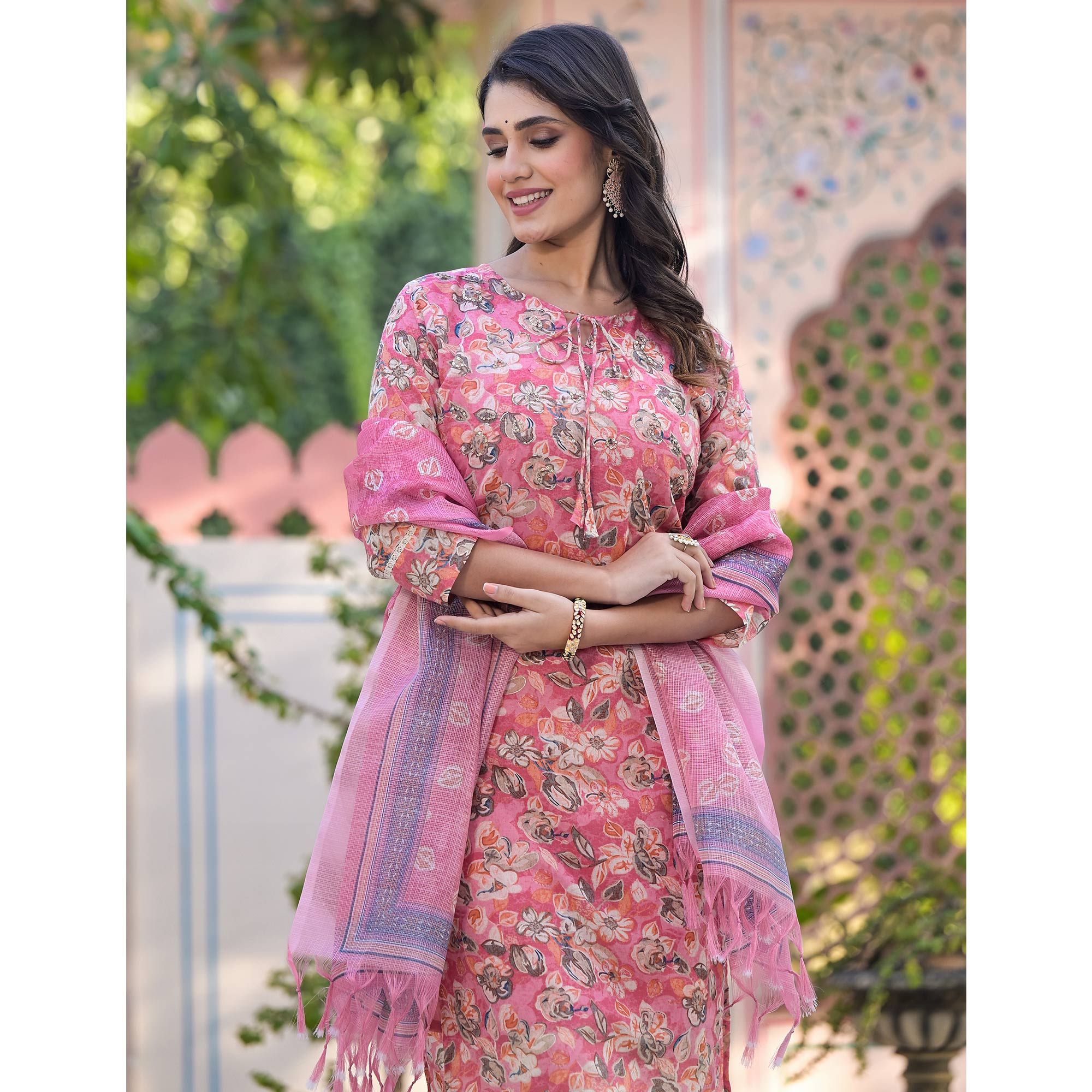 Pink Floral Mul Cotton Suit With Handcrafted & Foil Print