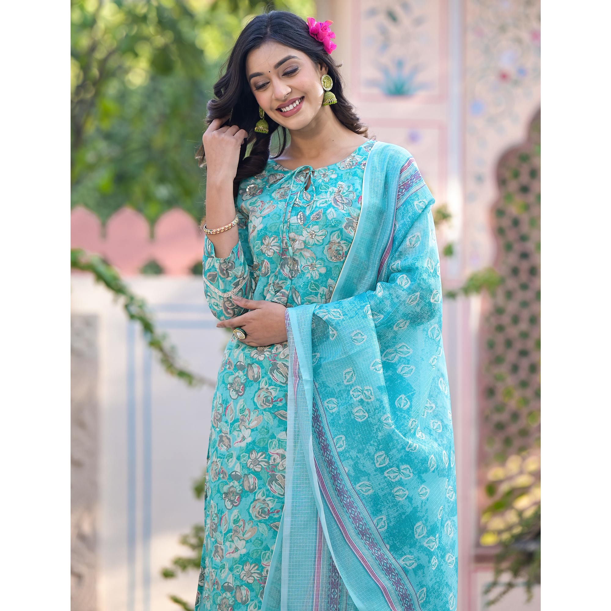 Turquoise Floral Mul Cotton Suit With Handcrafted & Foil Print