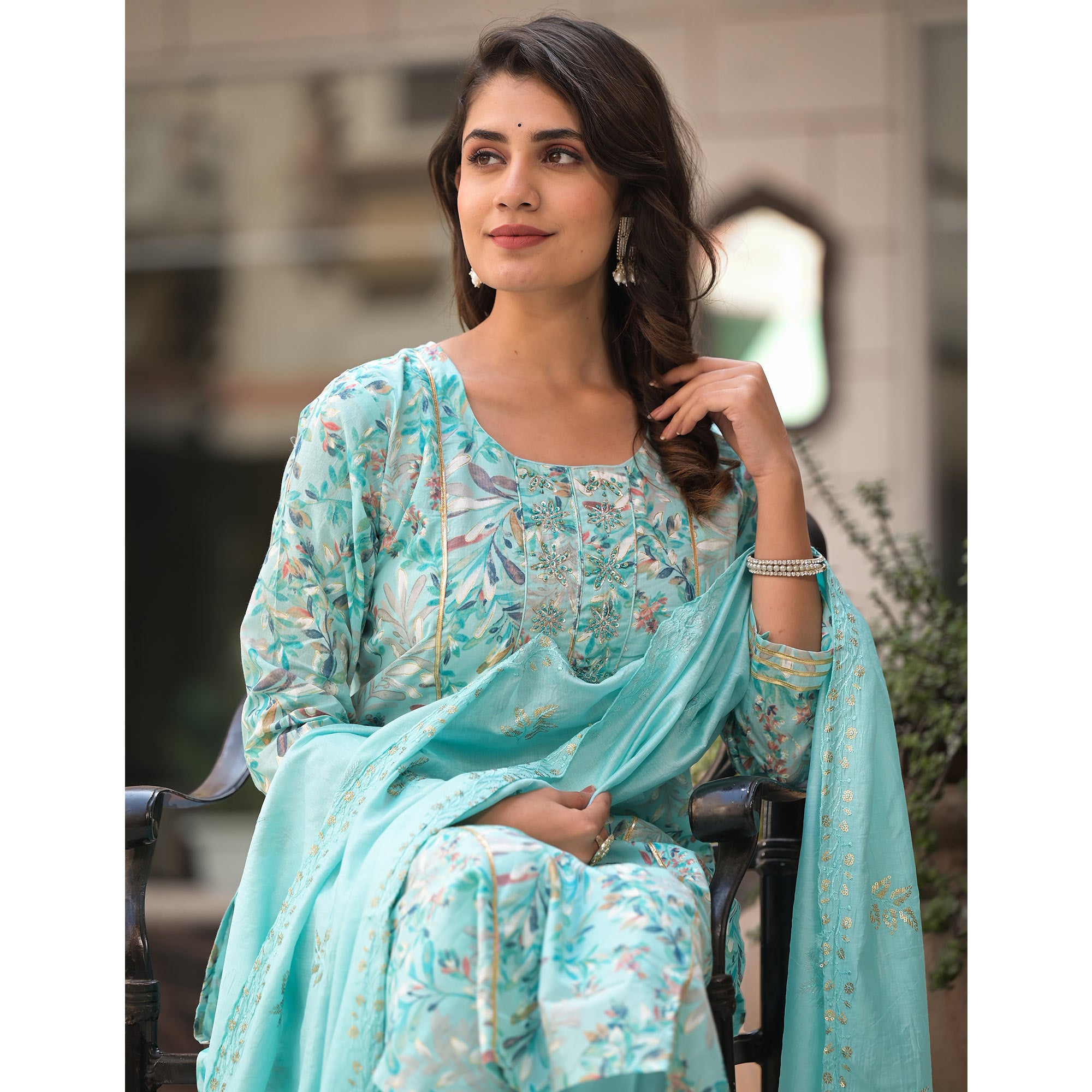 Turquoise Floral Foil Printed Pure Cotton A-Line Salwar Suit