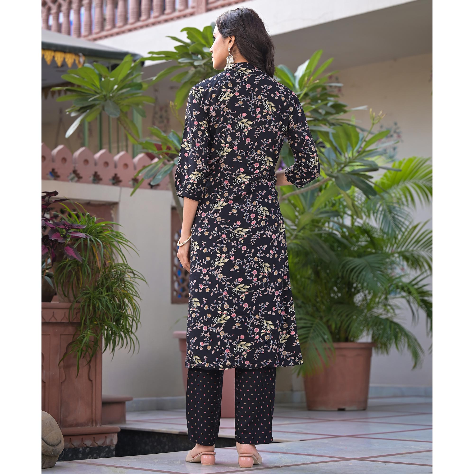 Black Floral Foil Printed Rayon Salwar Suits