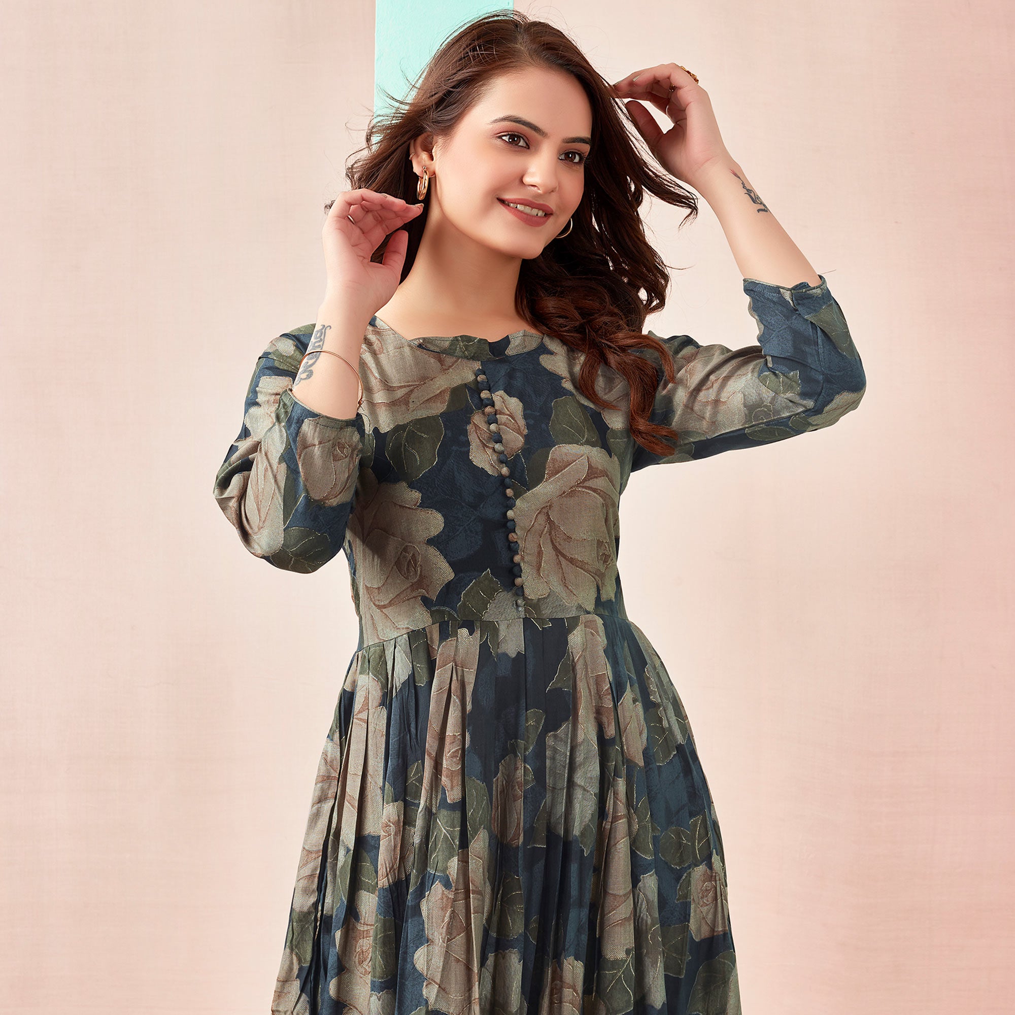 Navy Blue Floral Foil Printed Chanderi Silk Kurti