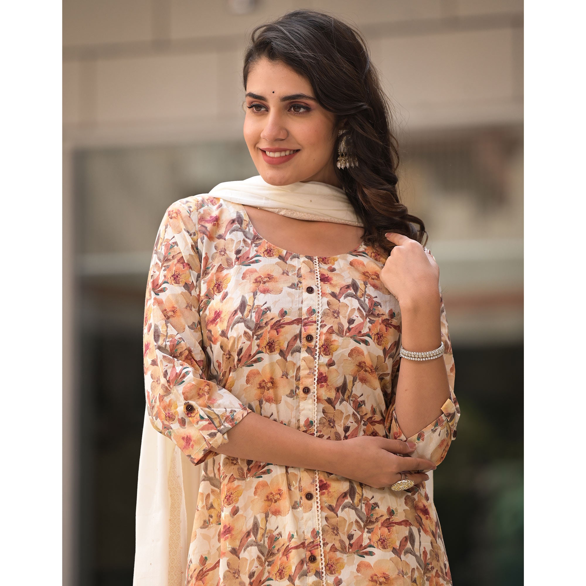 Off White Floral Printed Pure Cotton A-Line Plazzo Suit