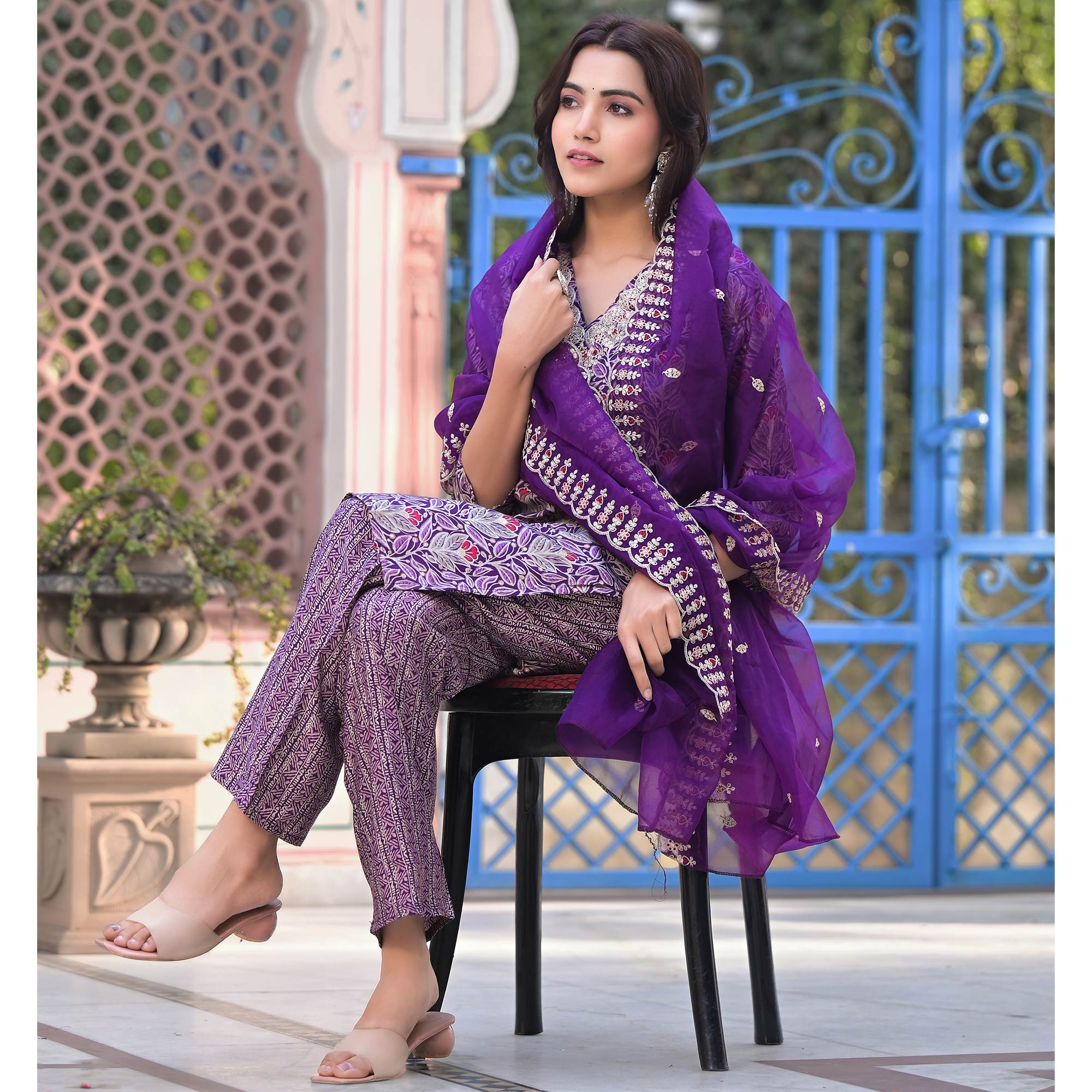 Purple Foil Printed Chanderi Straight Cut Salwar Suit