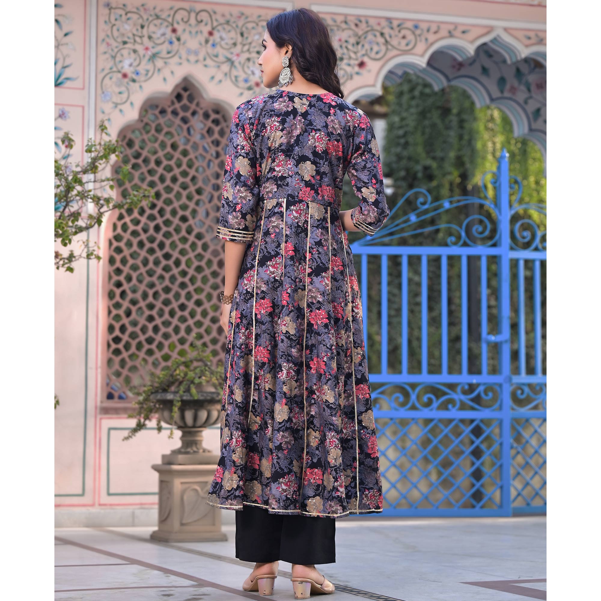 Black Floral Foil Printed Chanderi Silk Anarkali Salwar Suit