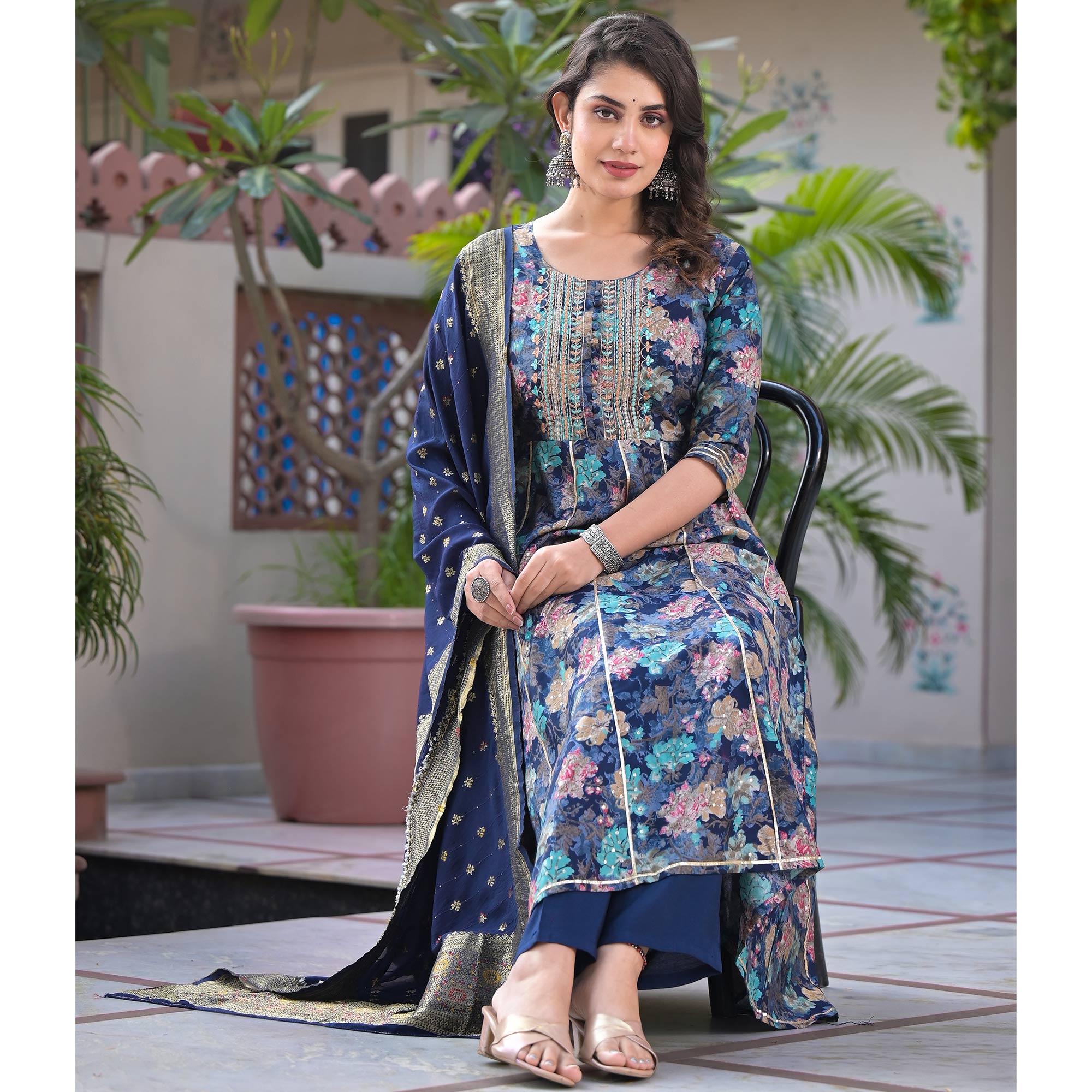 Navy Blue Floral Foil Printed Chanderi Silk Anarkali Salwar Suit