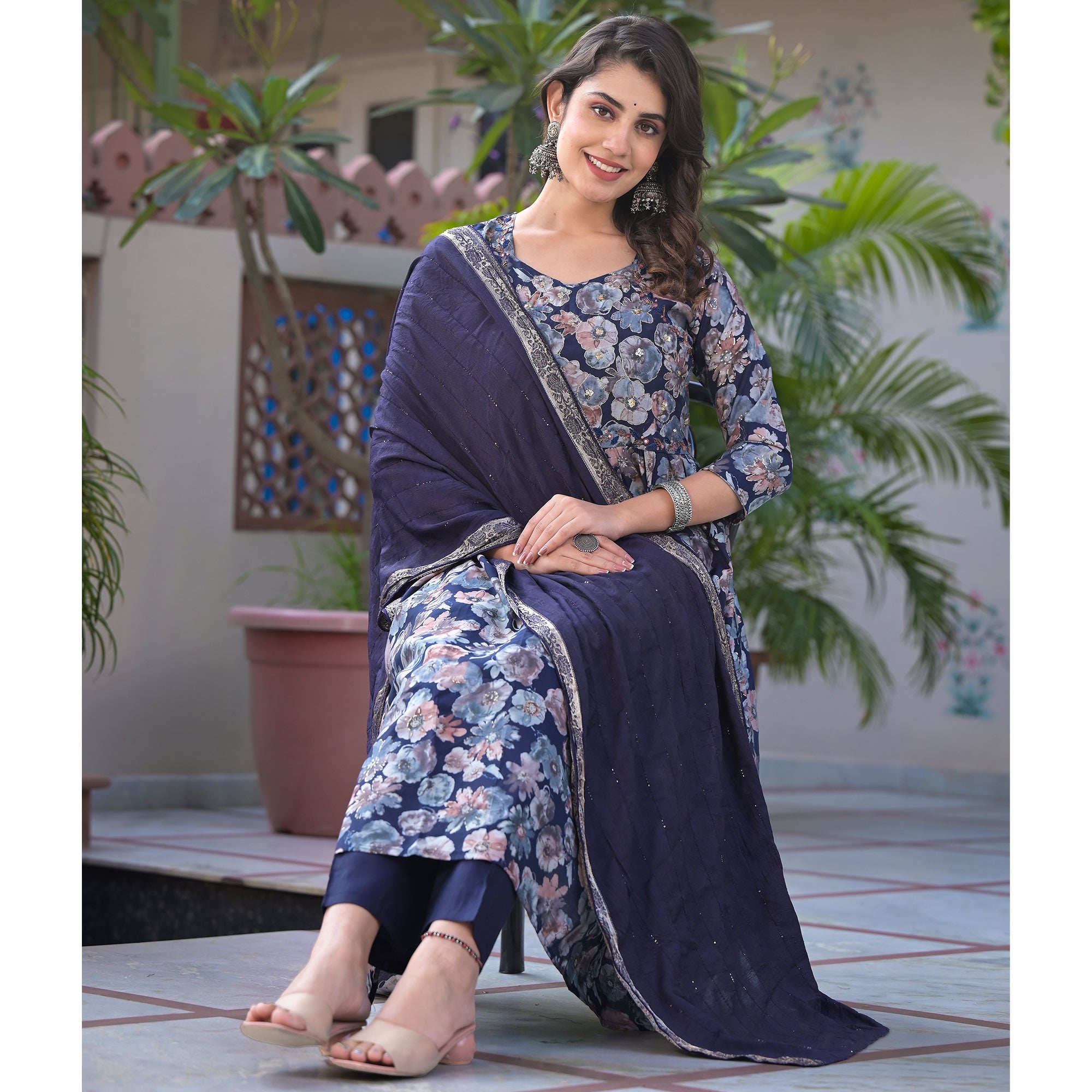 Navy Blue Floral Printed Chanderi Silk Salwar Suit With Handcrafted