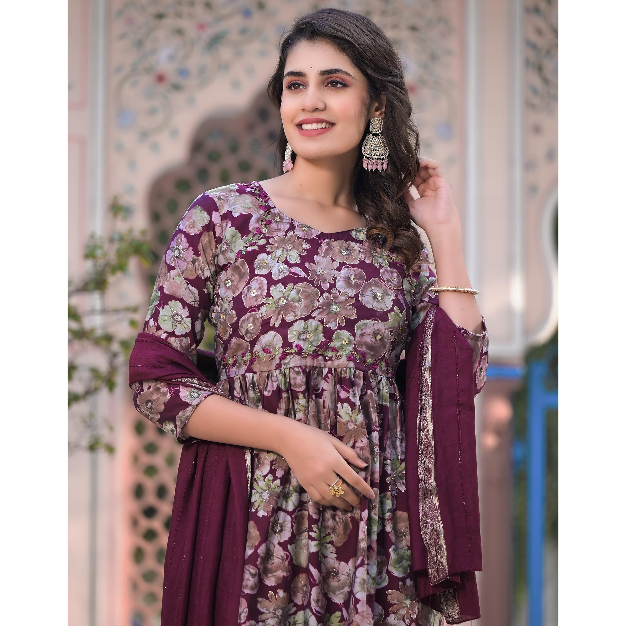 Wine Floral Printed Chanderi Silk Salwar Suit With Handcrafted