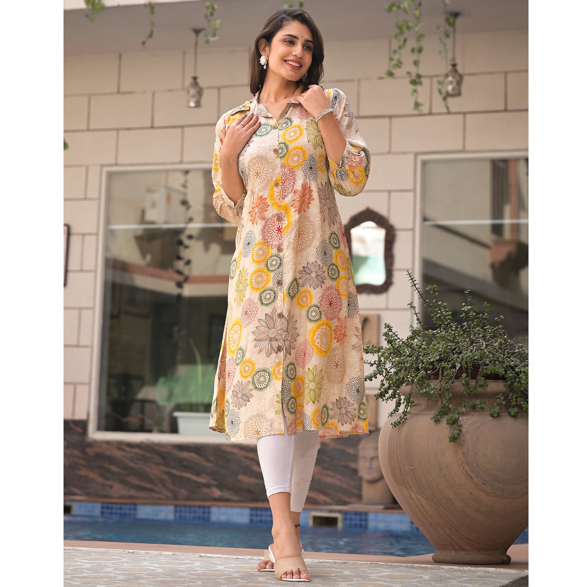 Multicolor Floral Printed Muslin A-line Kurti Dress