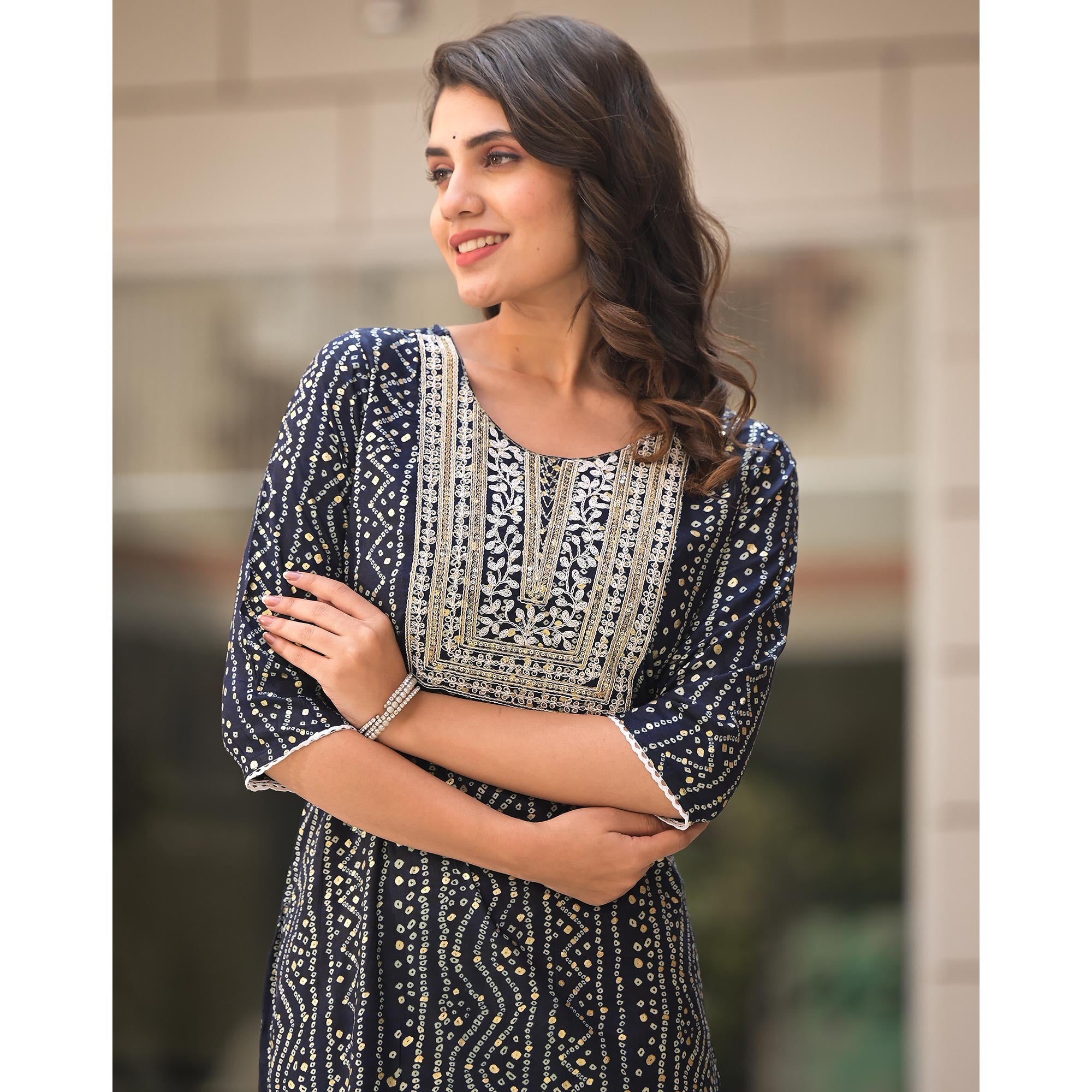 Blue Foil Bandhani Printed With Embroidered Rayon Kurti