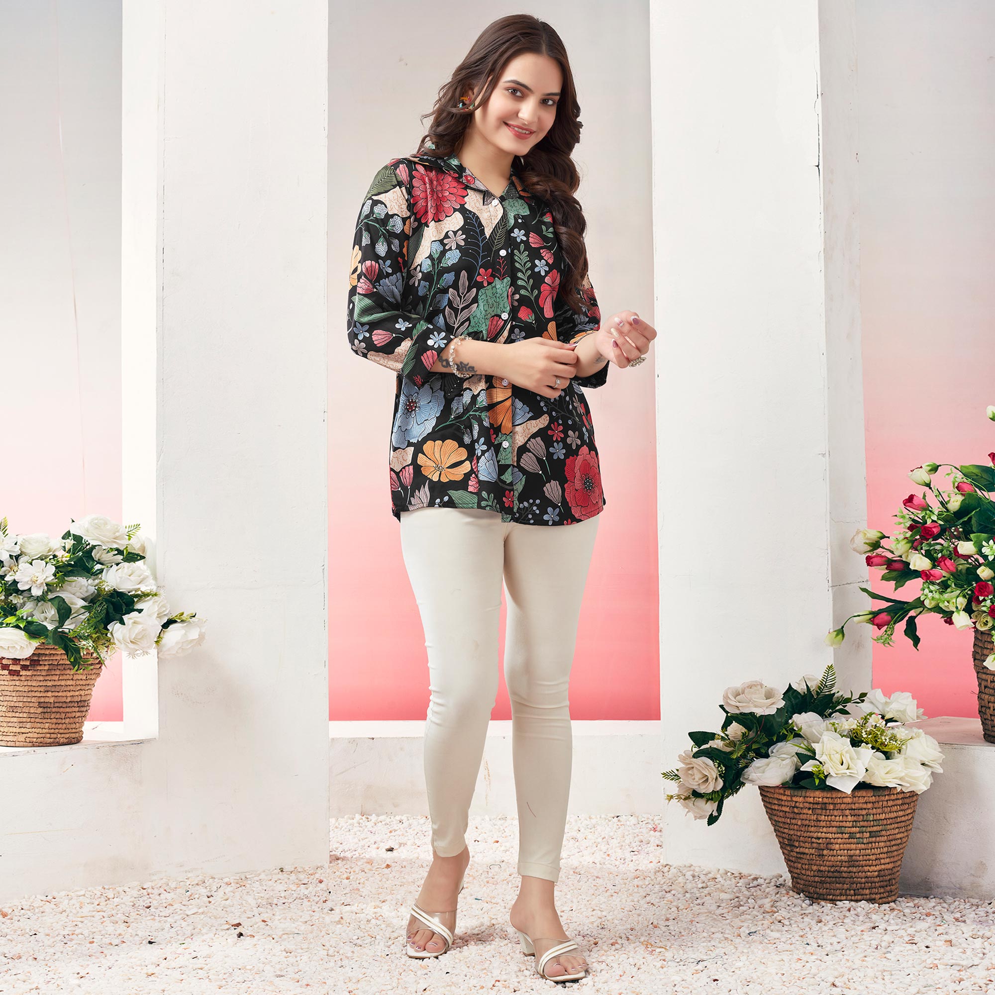 Black Floral Printed Muslin Top