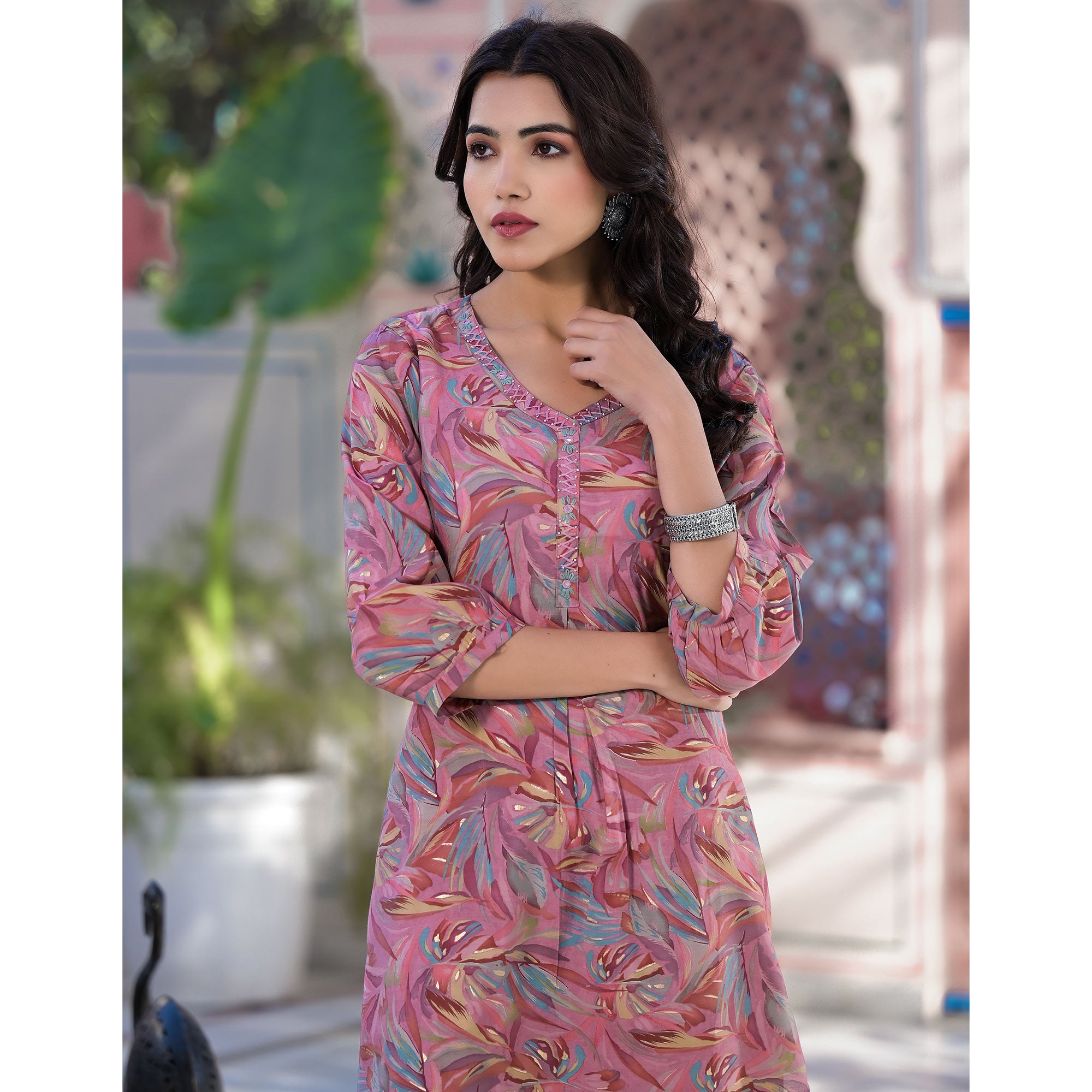 Pink Floral Foil Printed Chanderi Silk Straight Co-ord Set