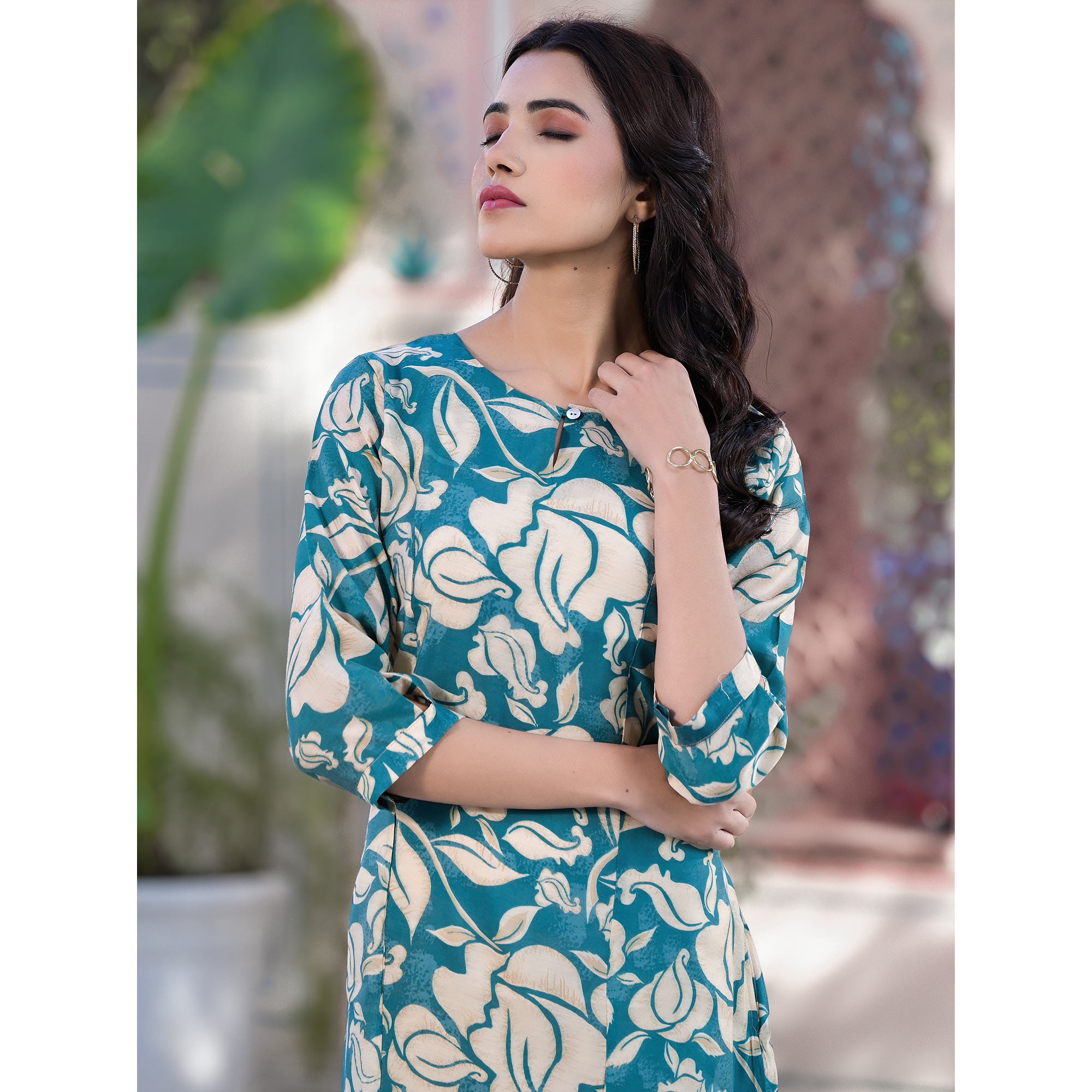 Turquoise Floral Printed Chanderi Silk Dress