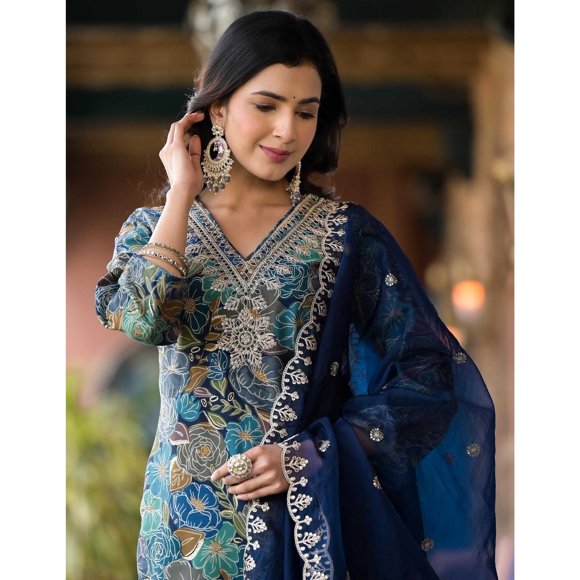 Navy Blue Floral Printed Chanderi Silk Salwar Suit With Sequins Work