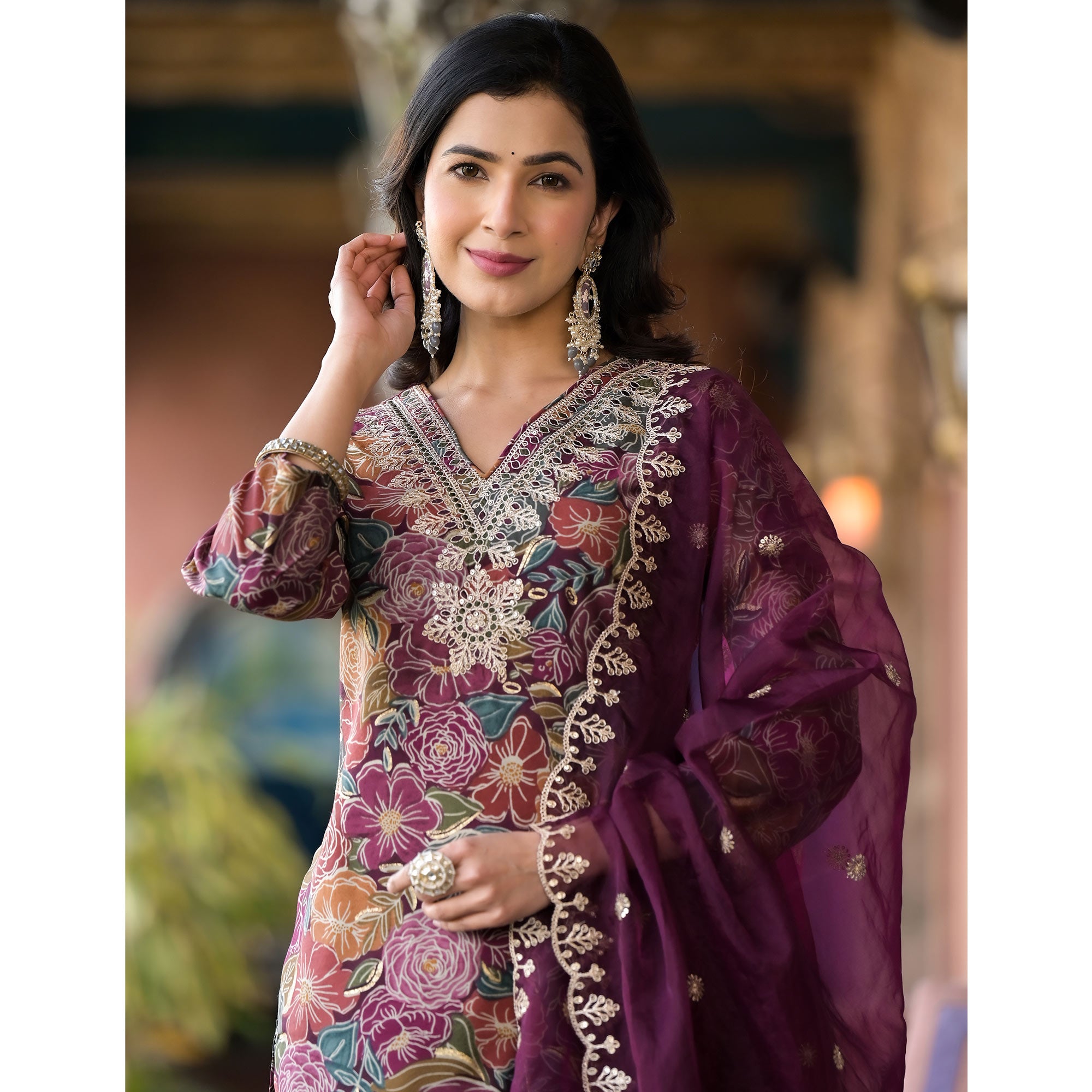 Wine Floral Printed Chanderi Silk Salwar Suit With Sequins Work