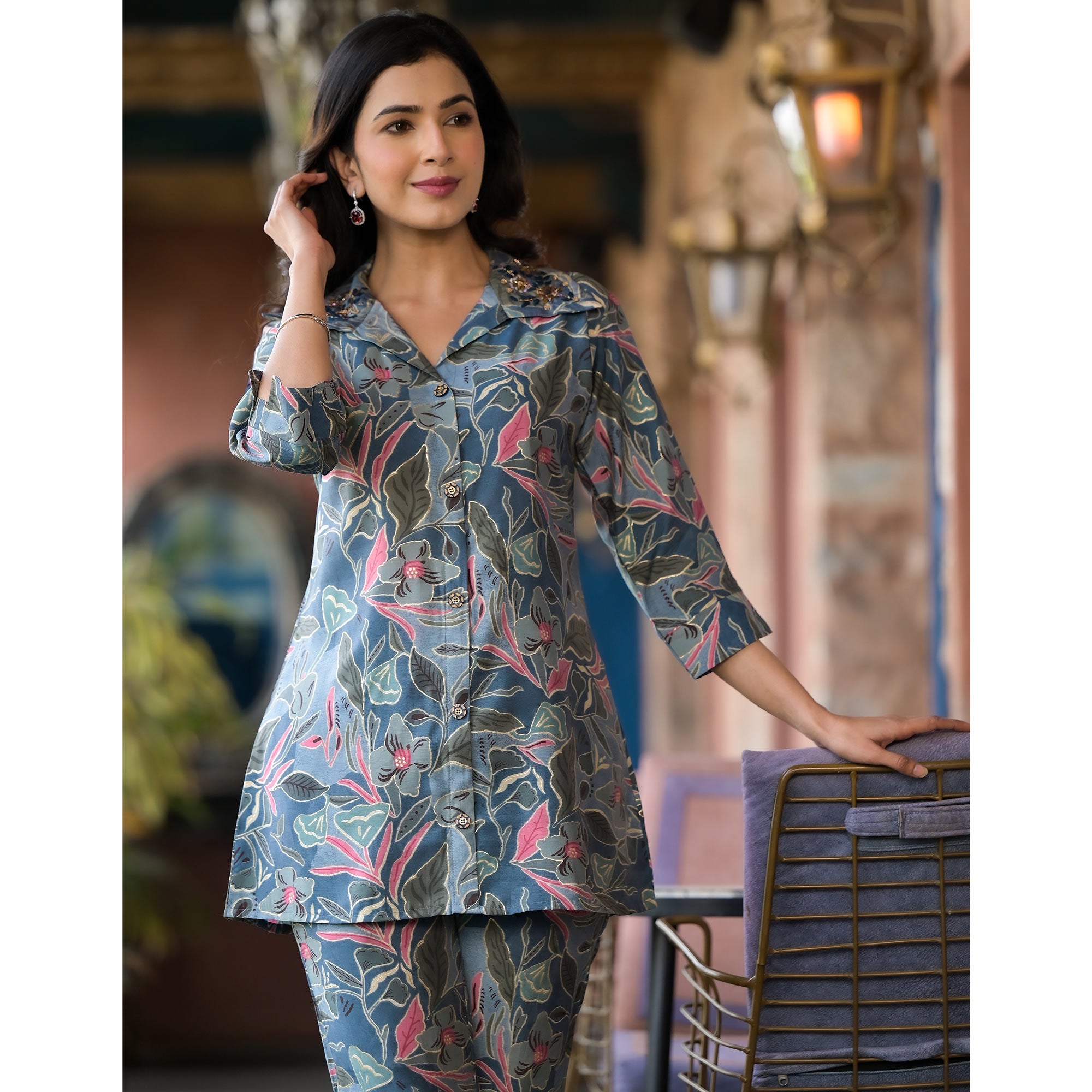 Denim Blue Floral Printed Chanderi Silk Co-Ord Sets With Handcrafted