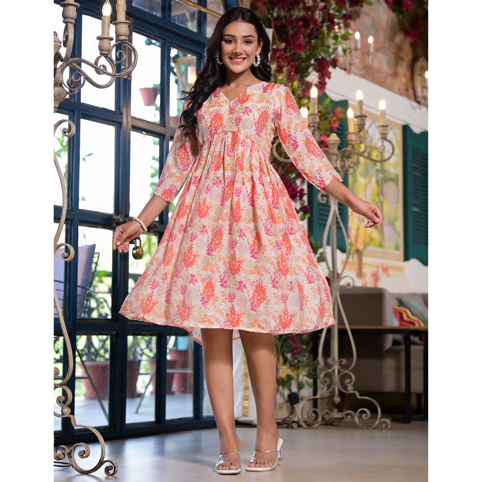 Off White Printed A-Line Chiffon Dress