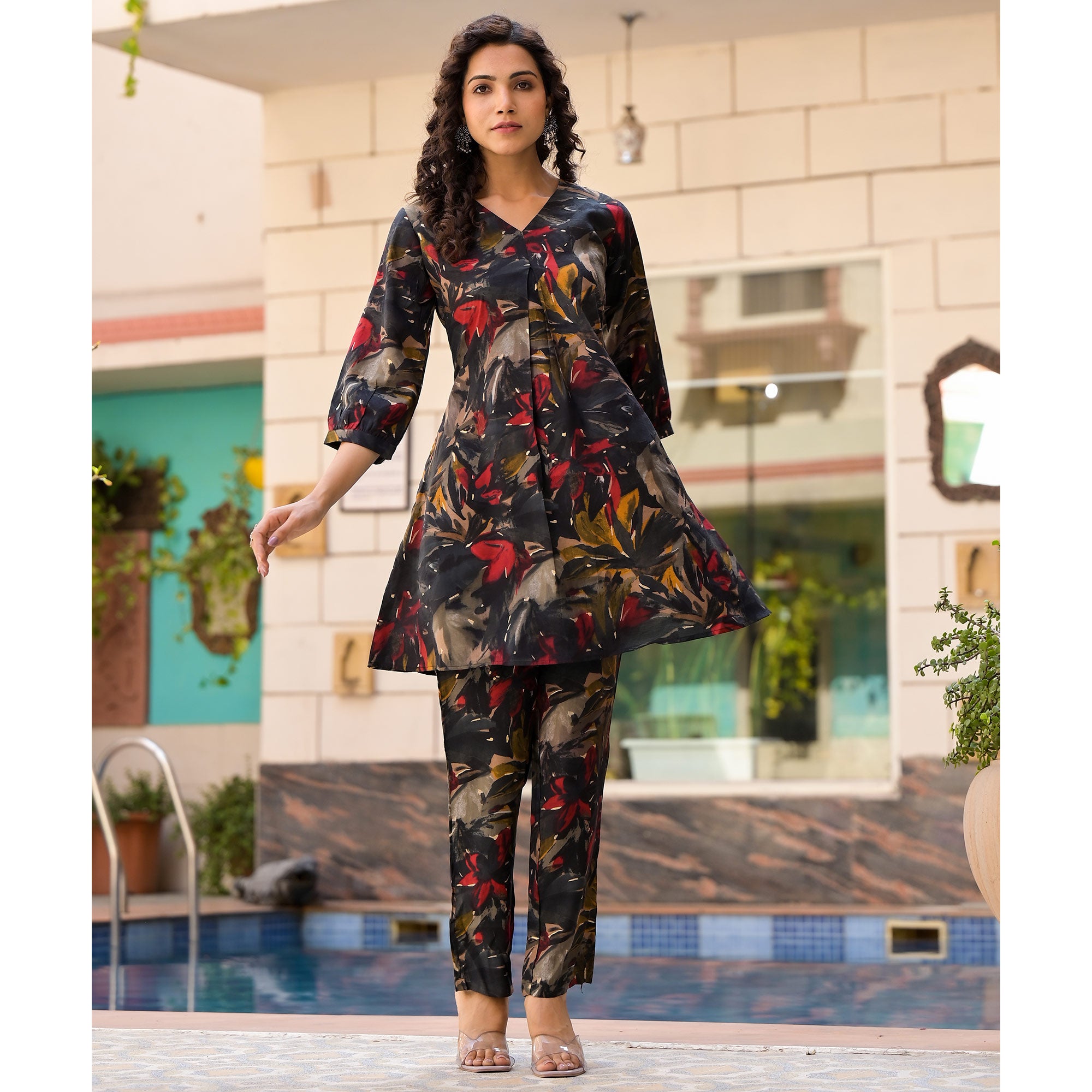 Black Floral Printed Chanderi Silk Co Ord Set