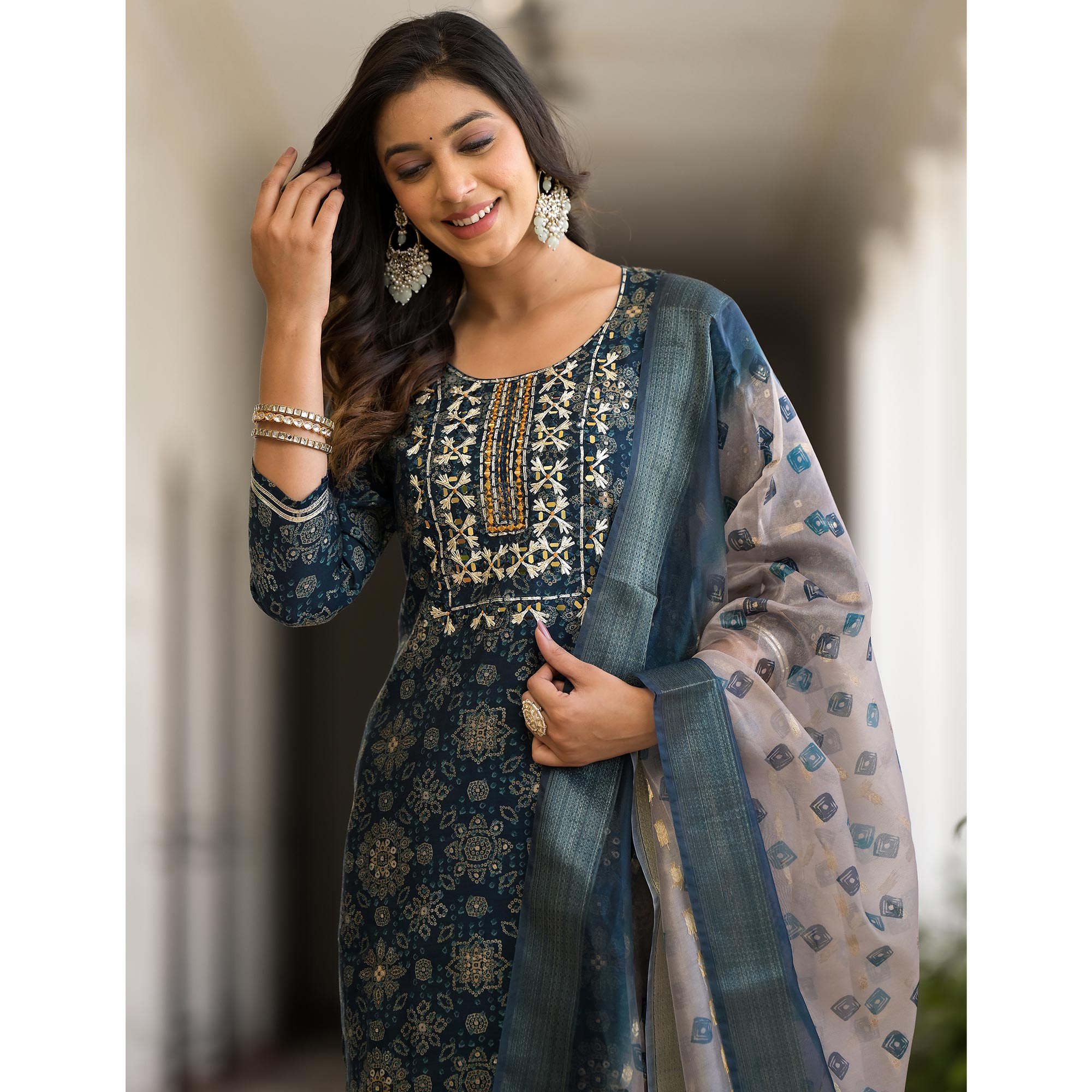 Navy Blue Bandhani Printed Chanderi Silk Straight Salwar Suit