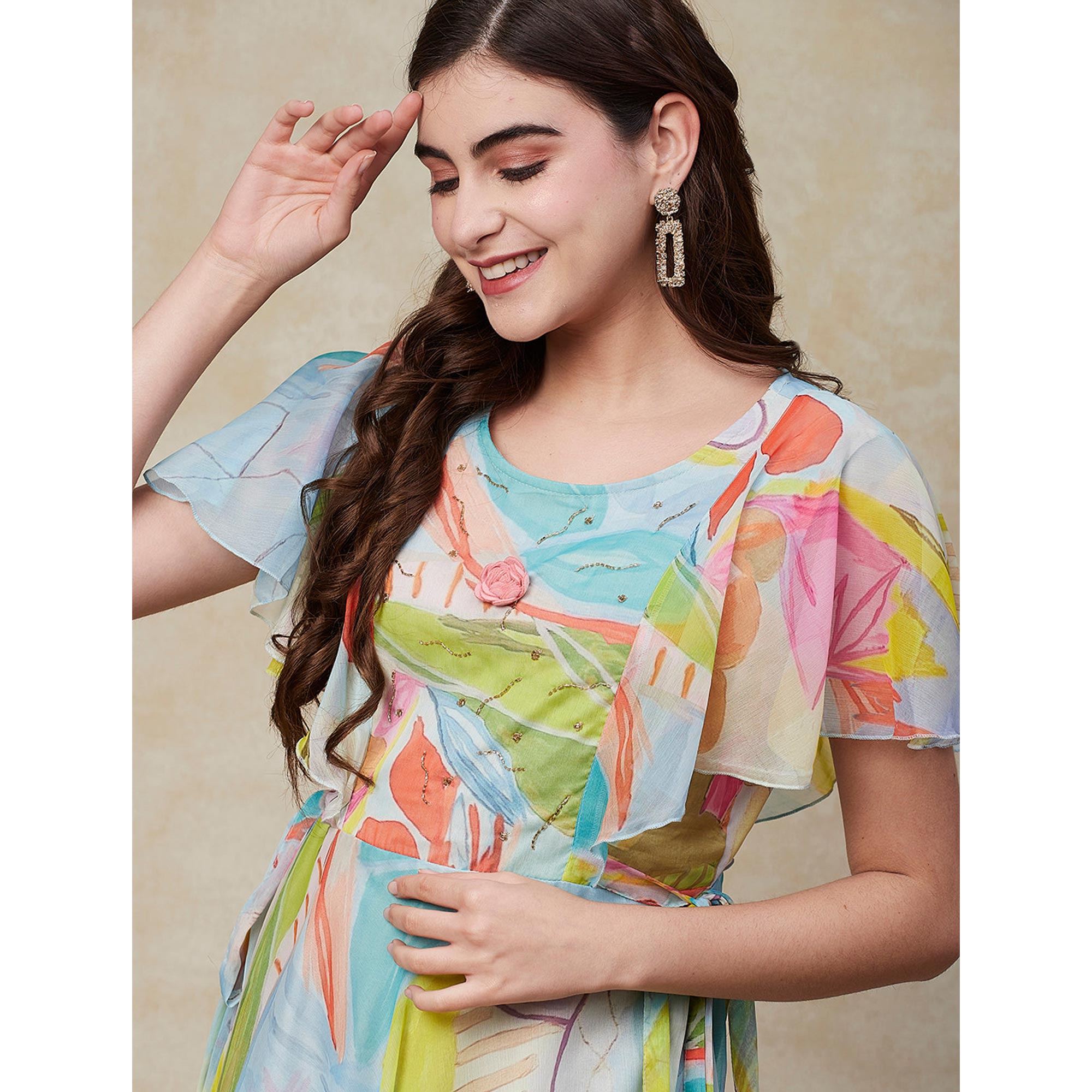 Sky Blue Printed A-Line Flared Maxi Dress