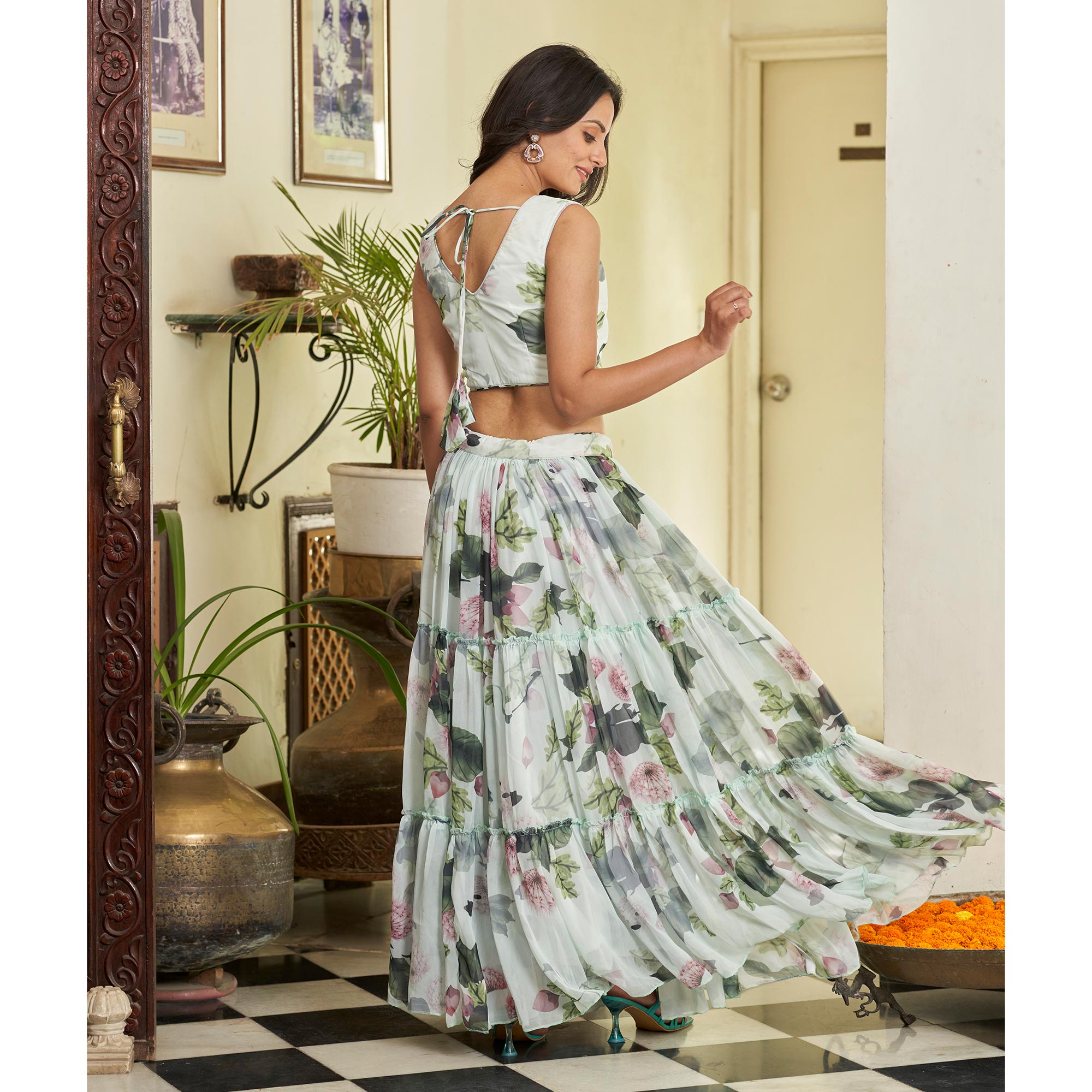 Green & White Floral Printed Georgette Crop Top Lehenga