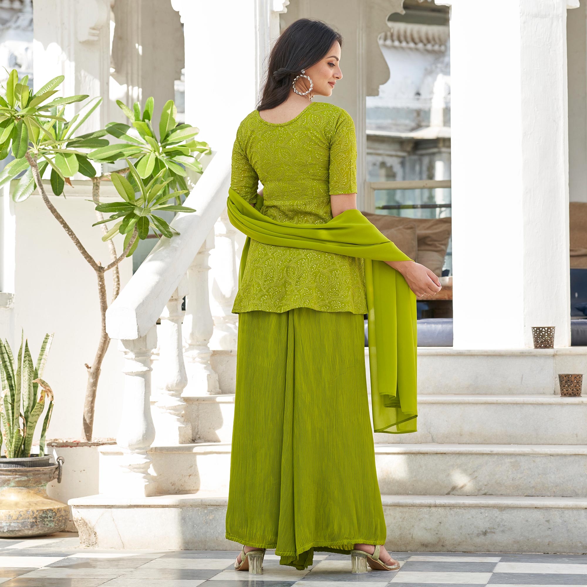 Green Sequins Embroidered Georgette Palazzo Suit