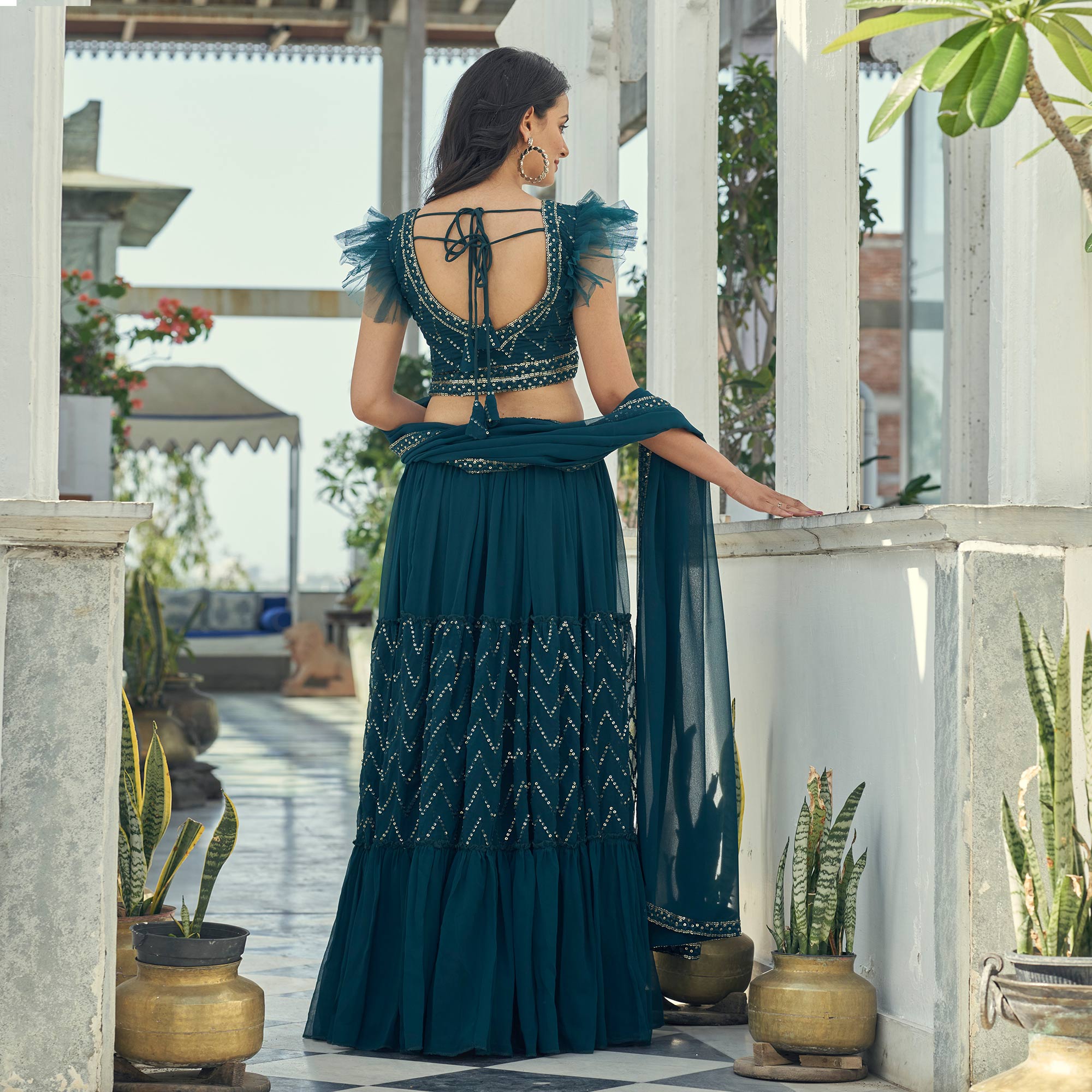 Sea Green Embroidered Georgette Lehenga Choli