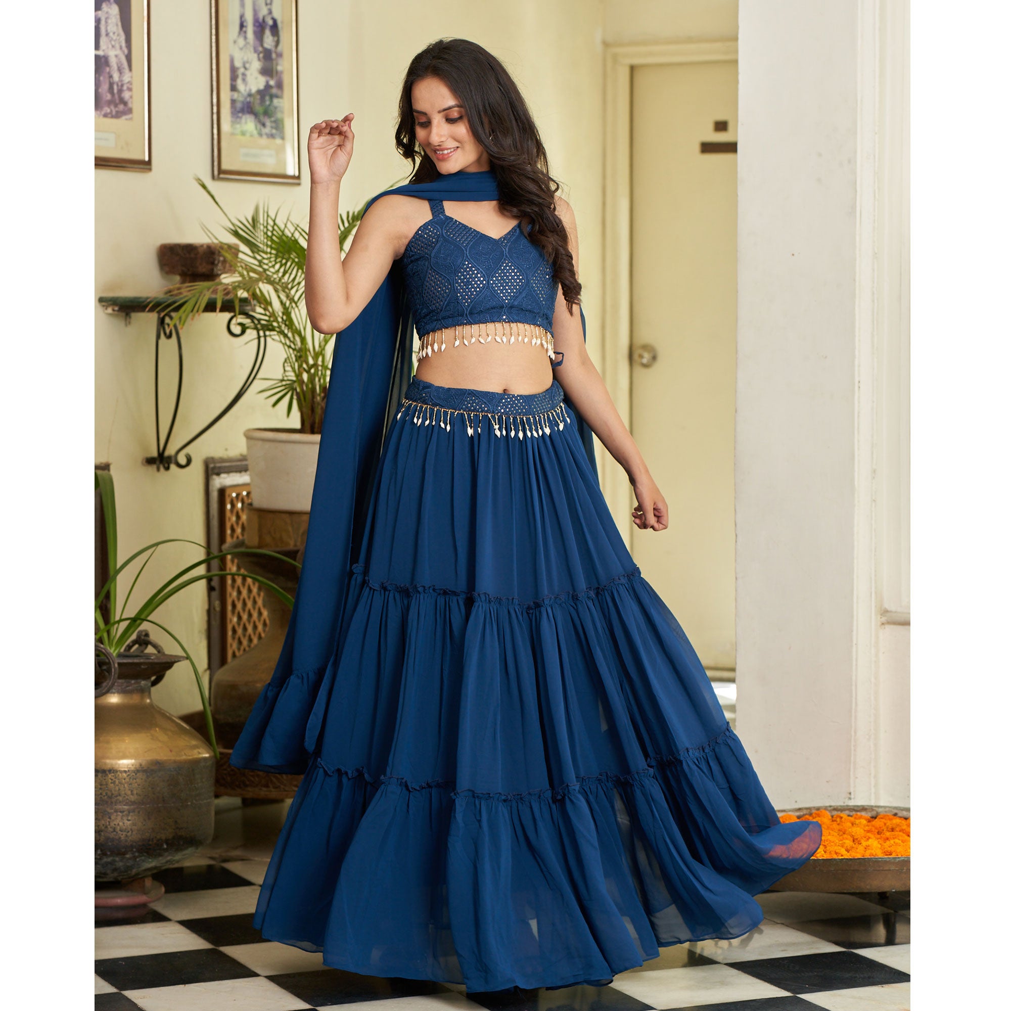 Blue Embroidered Georgette Lehenga Choli
