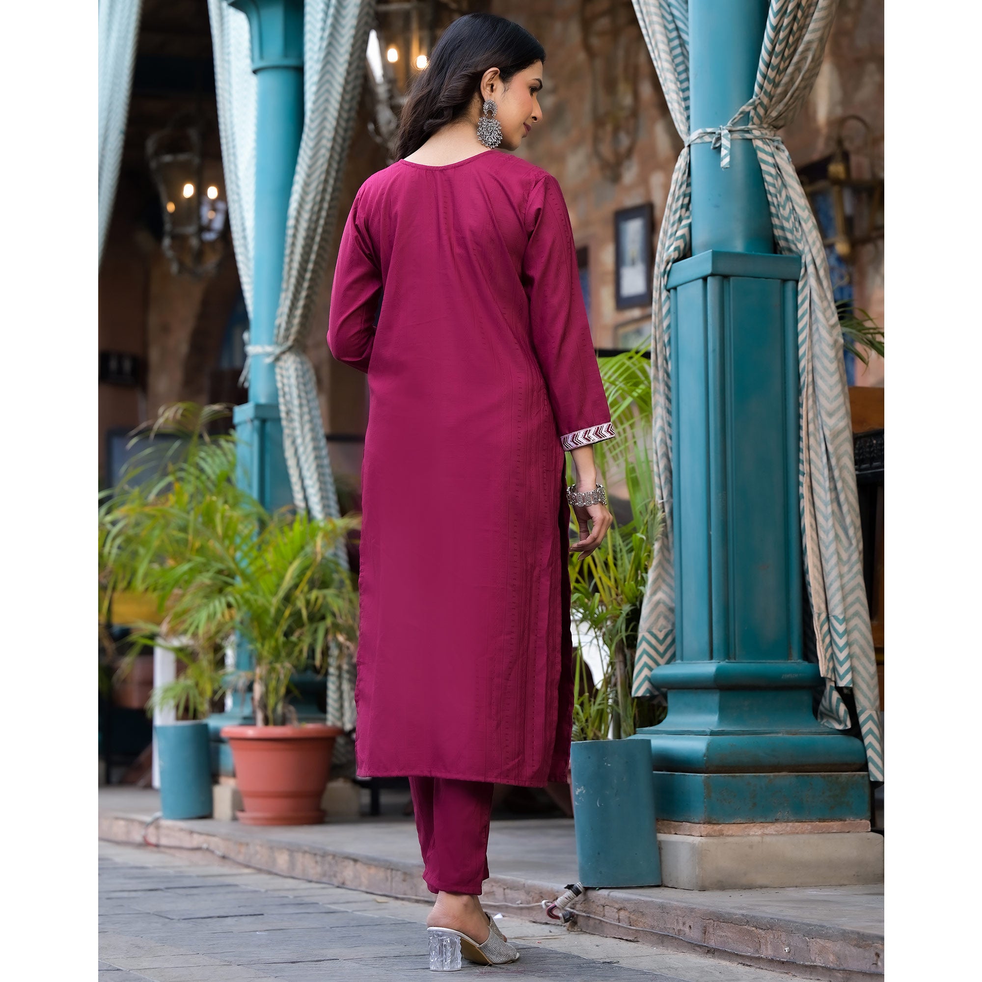 Wine Embroidered Pure Cotton Straight Salwar Suit