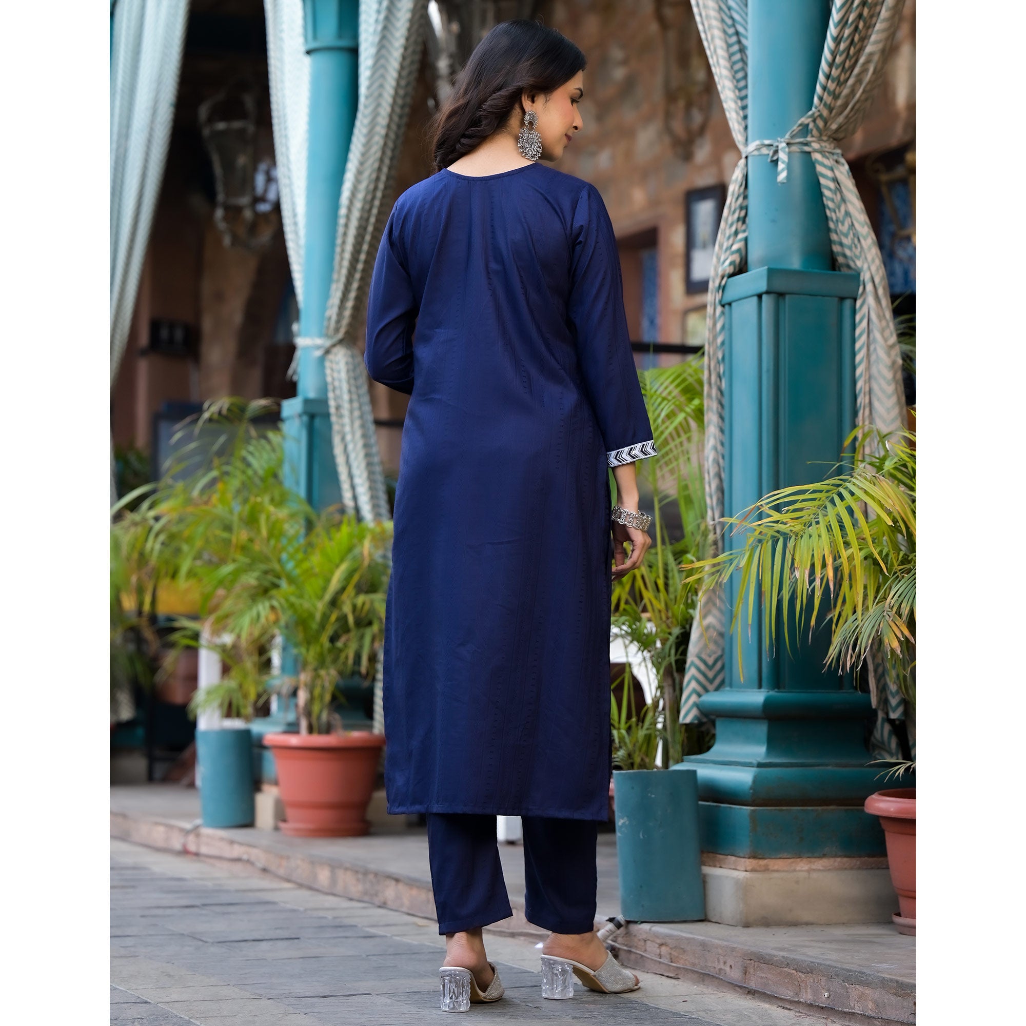 Navy Blue Embroidered Pure Cotton Straight Salwar Suit