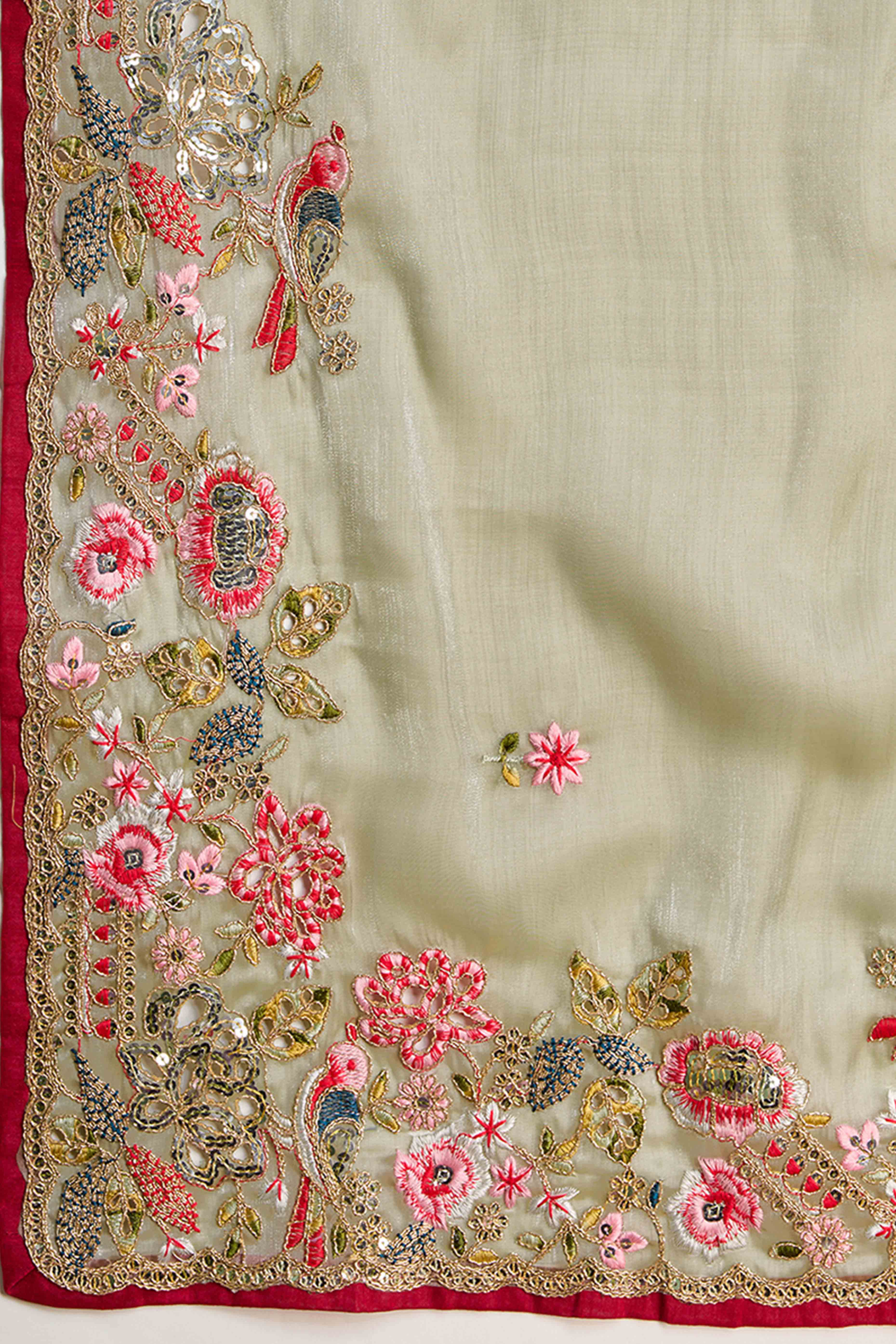 Green Floral Design Organza Saree with Glittering Sequins Embroidery