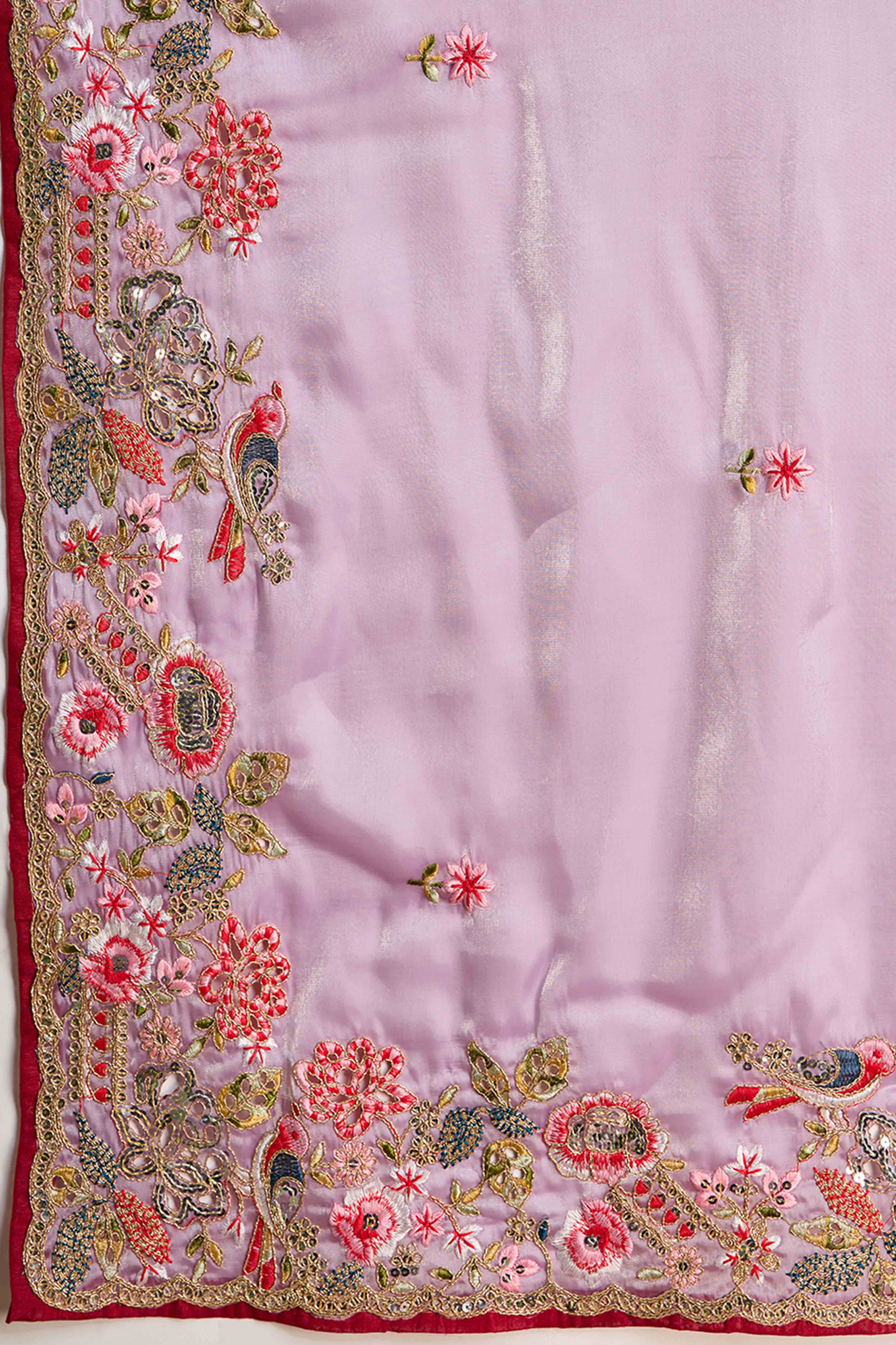 Light Purple Floral Design Organza Saree with Glittering Sequins Embroidery