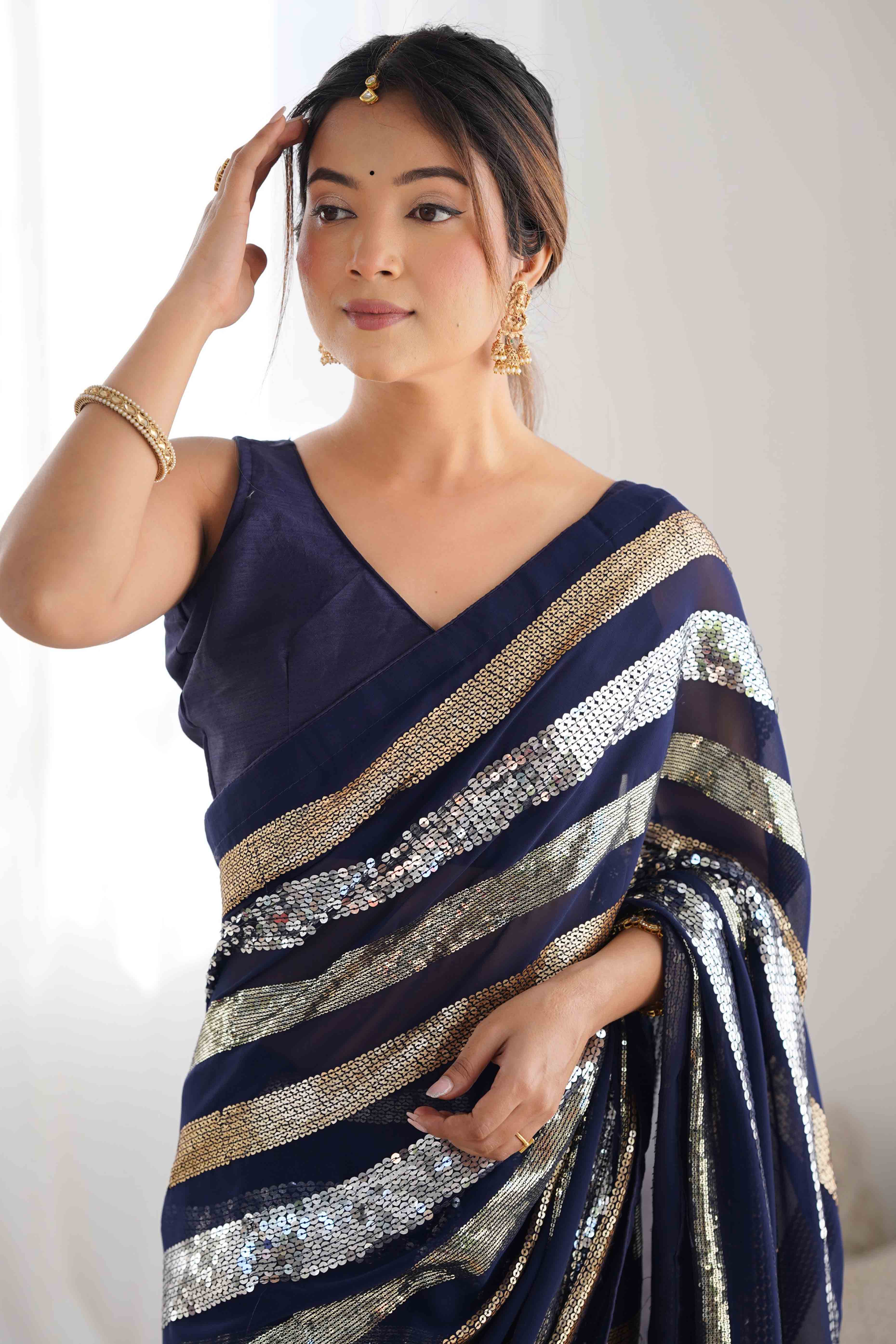 Blue Sequins Embroidered Georgette Saree