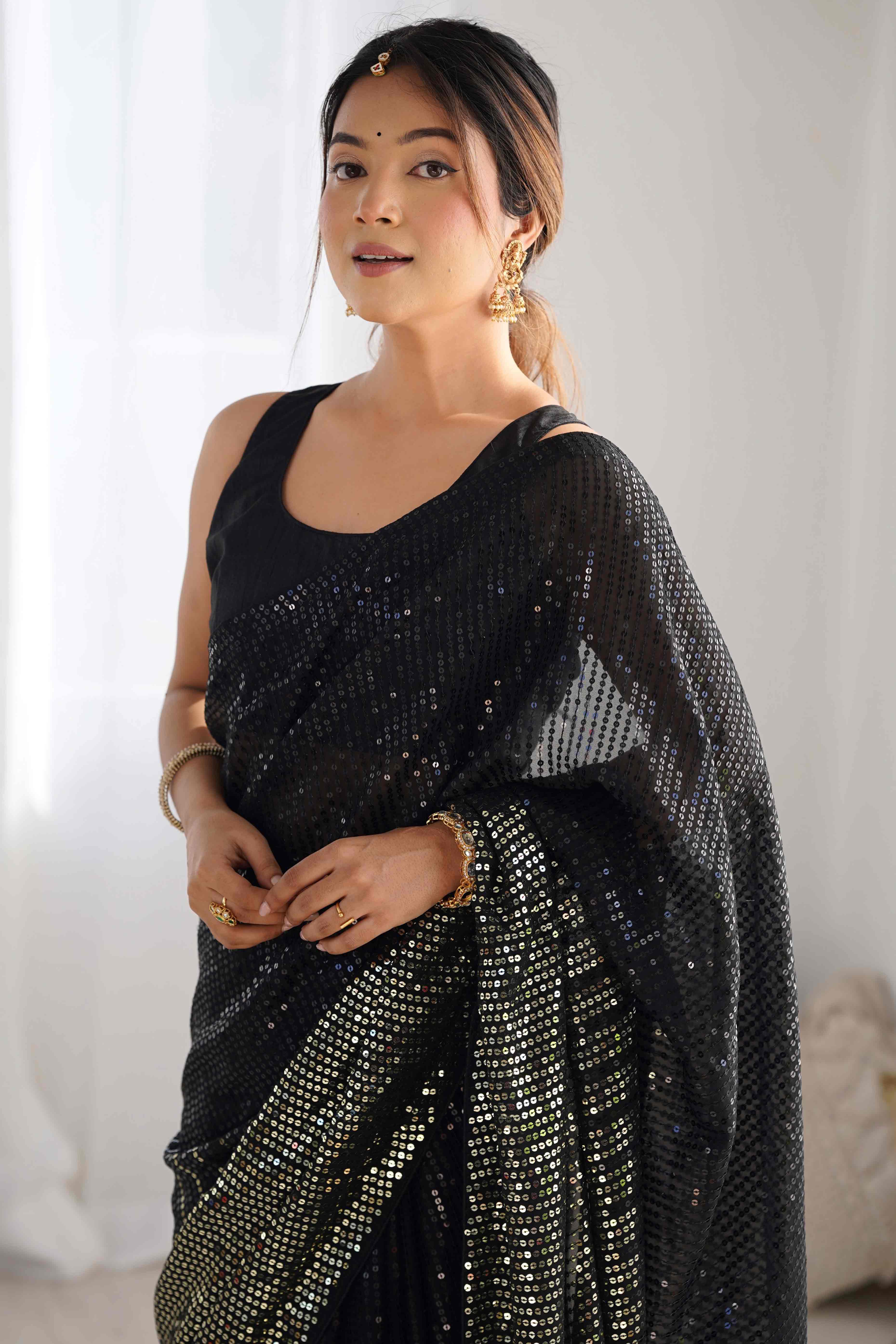 Black Sequins Embroidered Georgette Saree