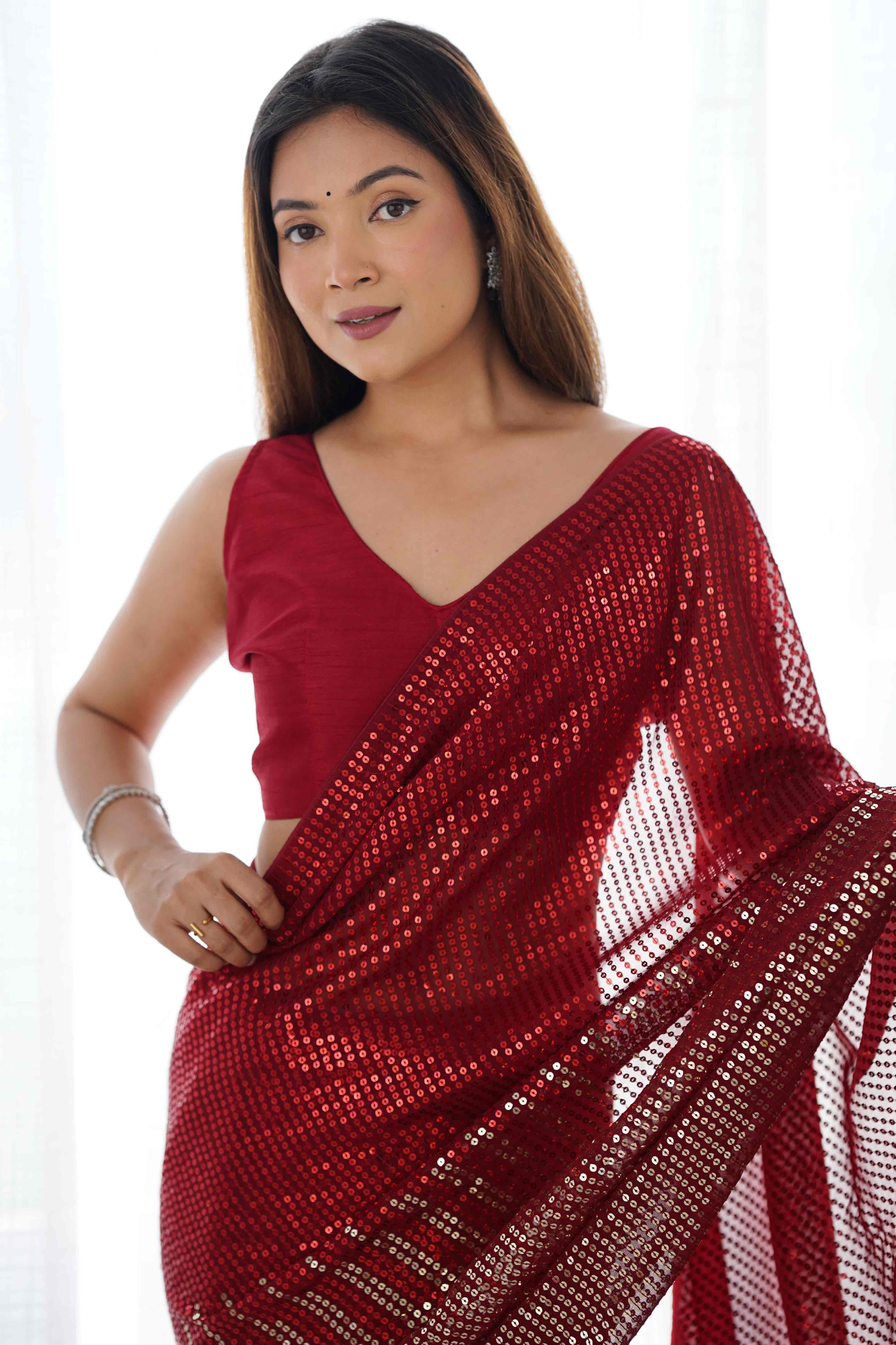 Maroon Sequins Embroidered Georgette Saree