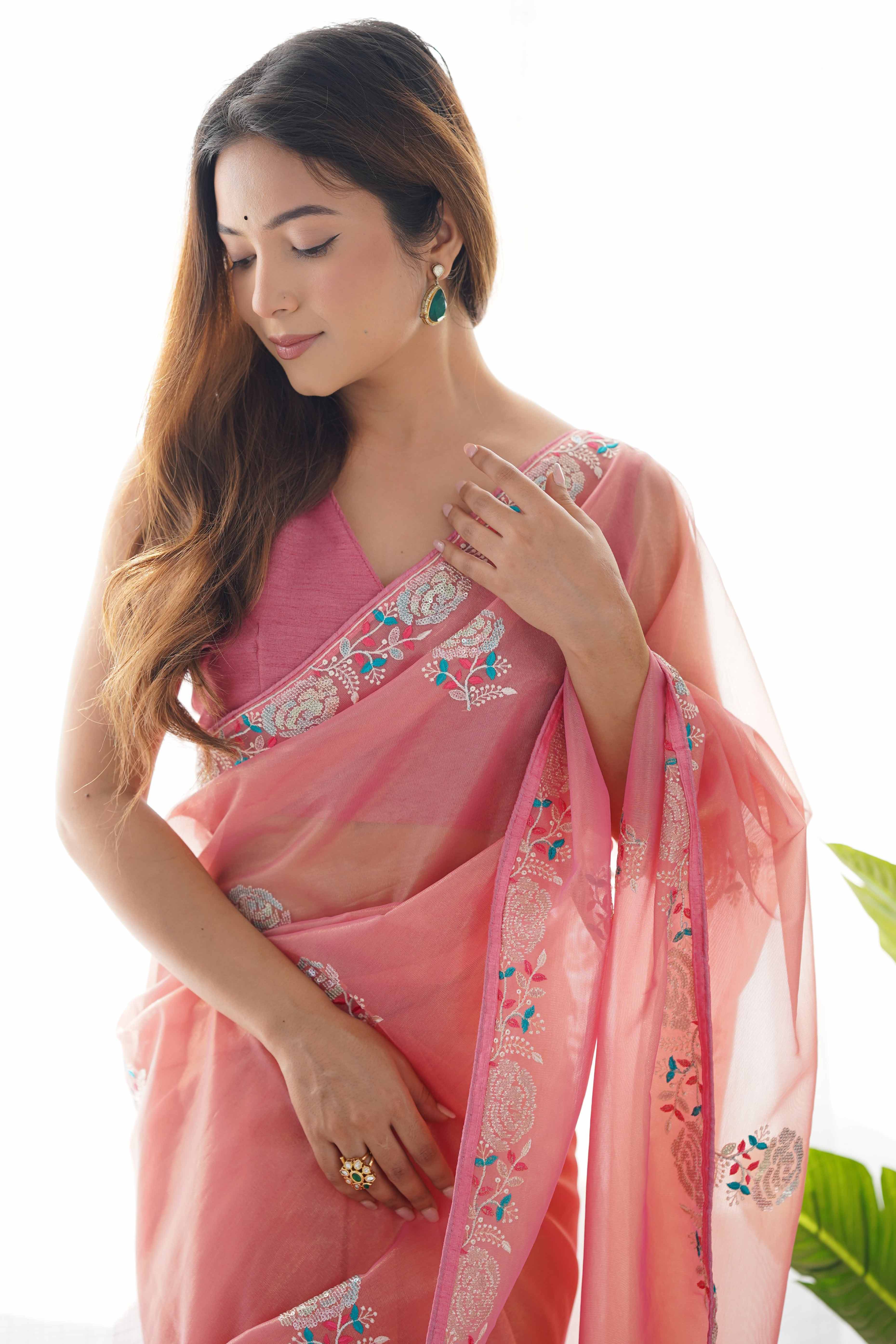 Peach Floral Embroidered Net Saree