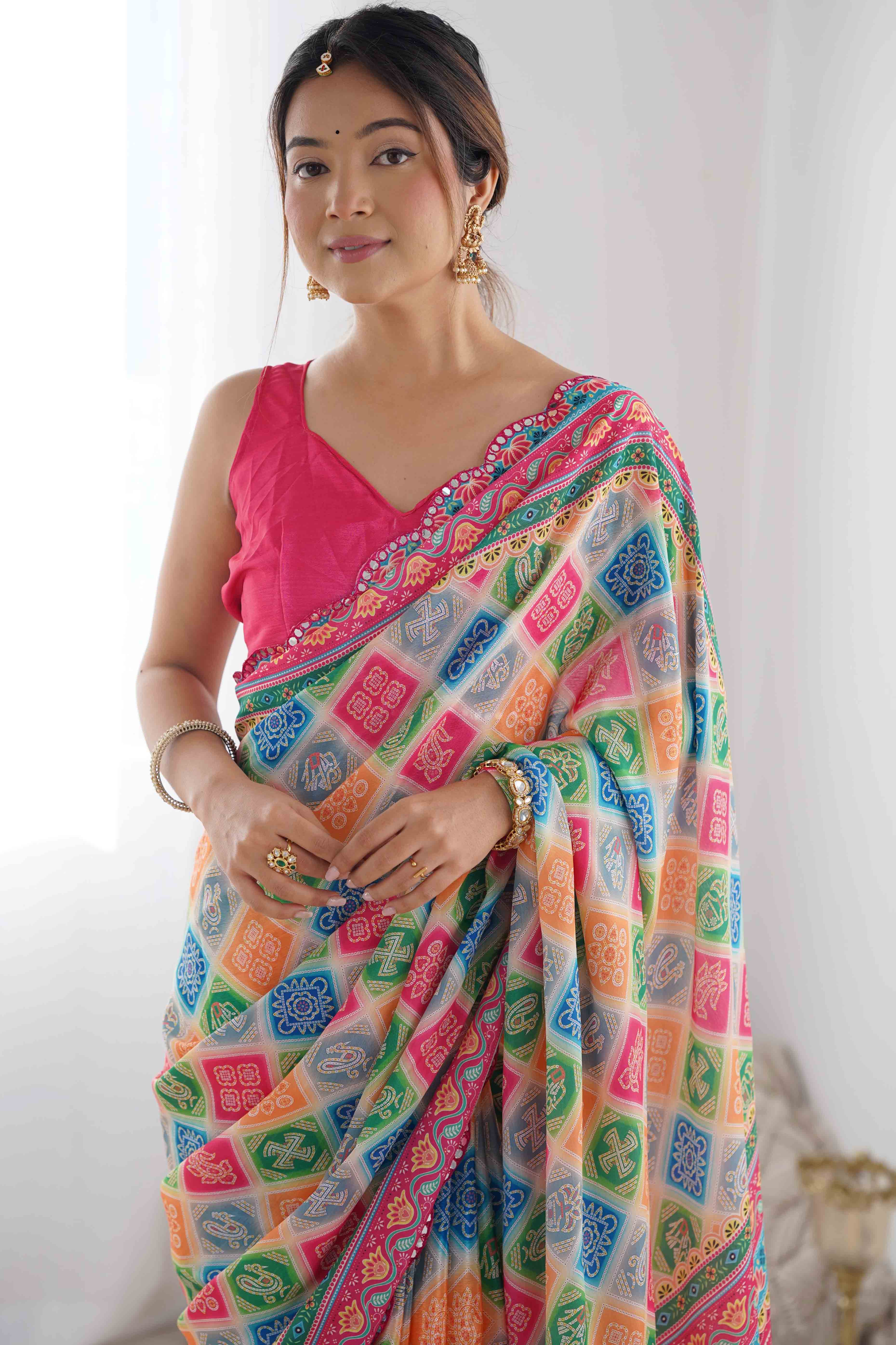 Multicolor Bandhani Printed Chinon Saree