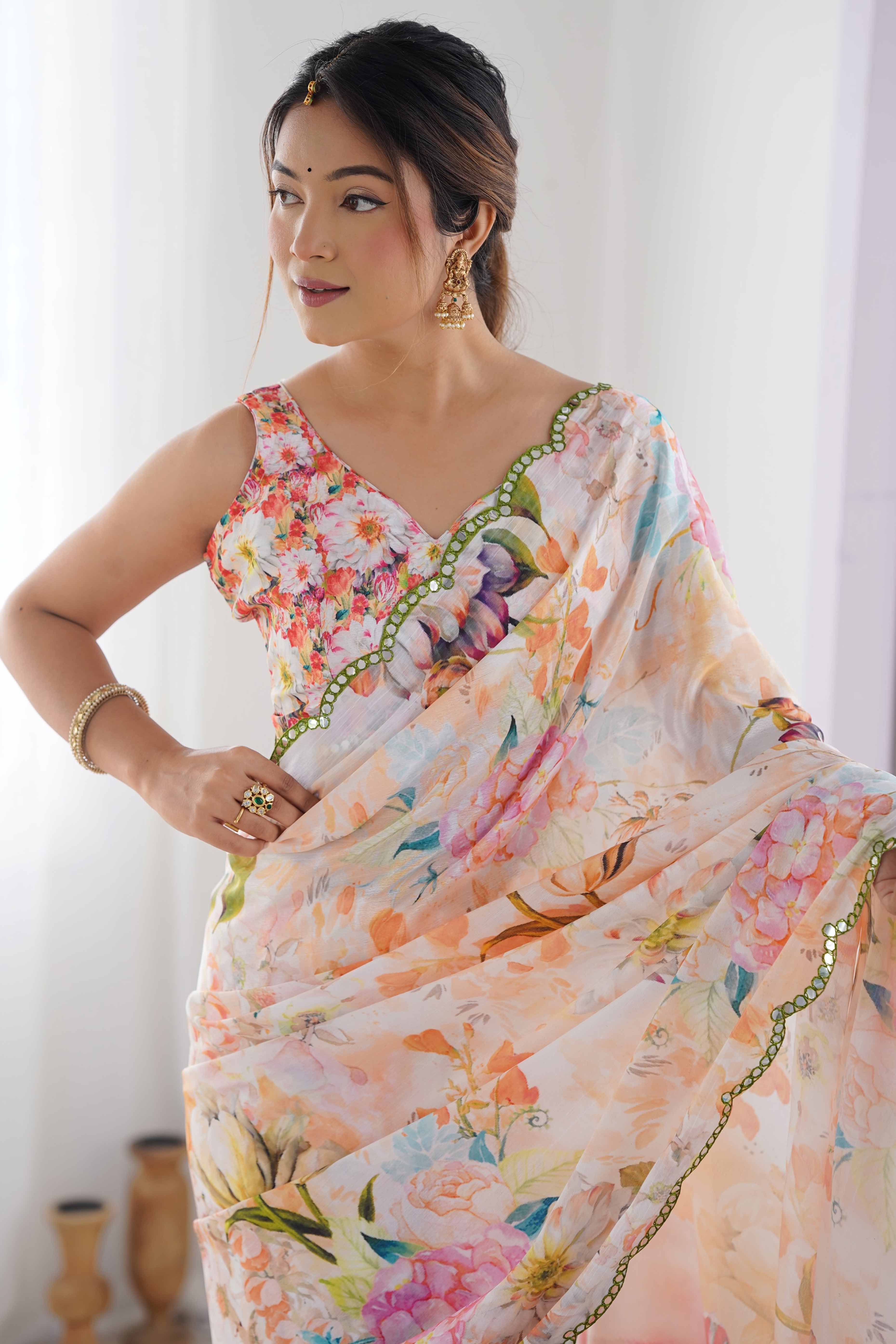 Off White Floral Printed Chinon Saree