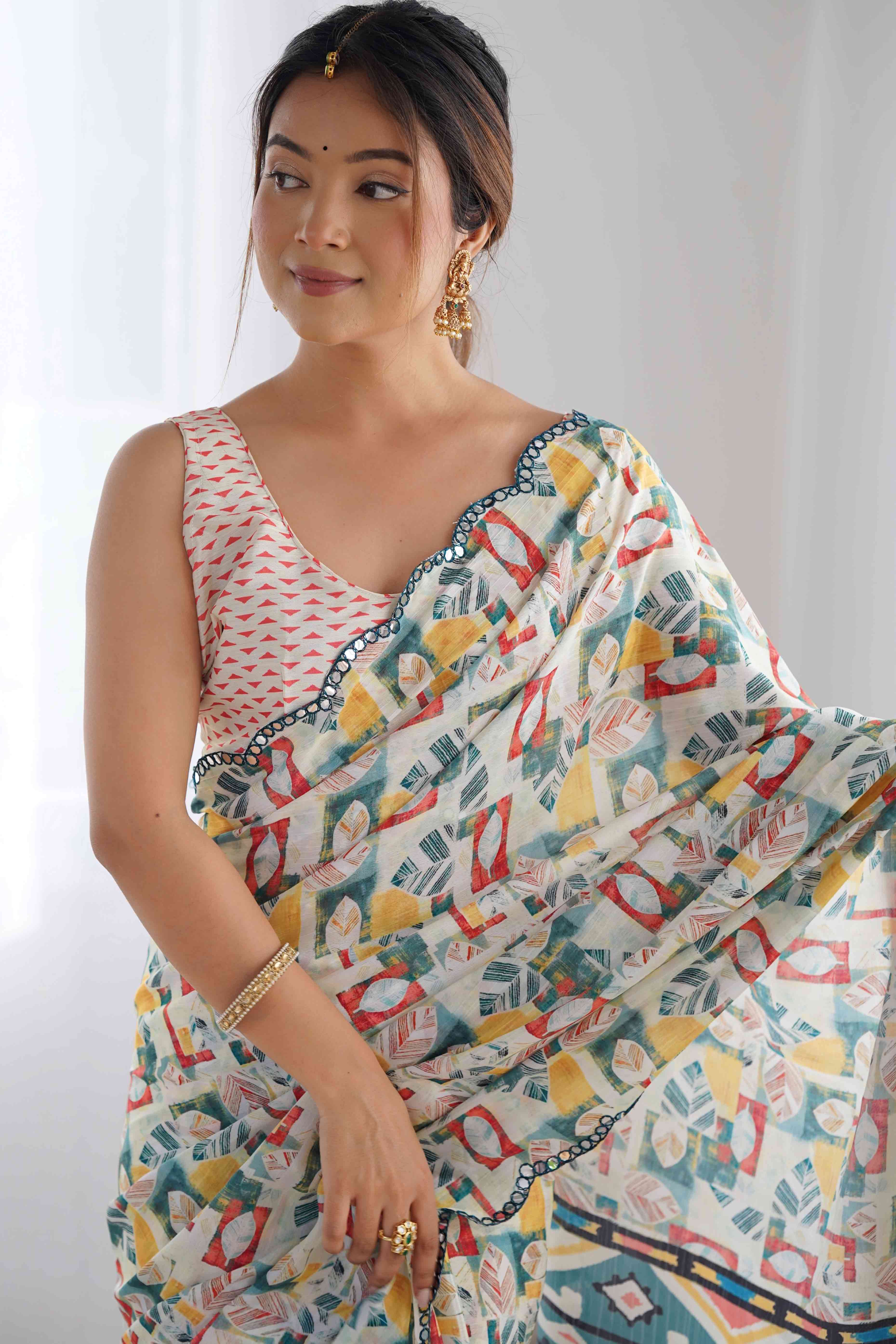 Off White Abstract Printed Chinon Saree