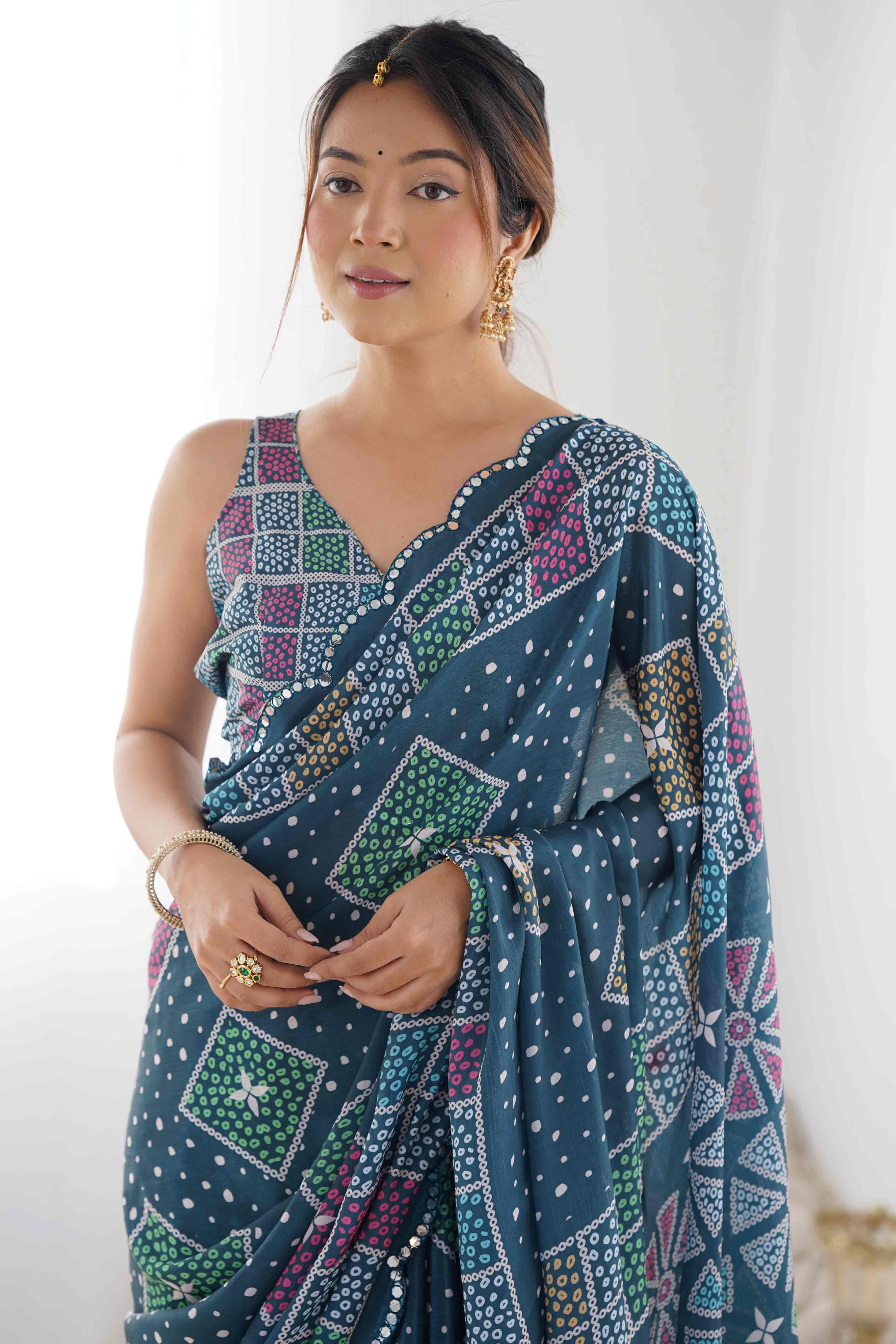 Teal Geometric Printed Chinon Saree