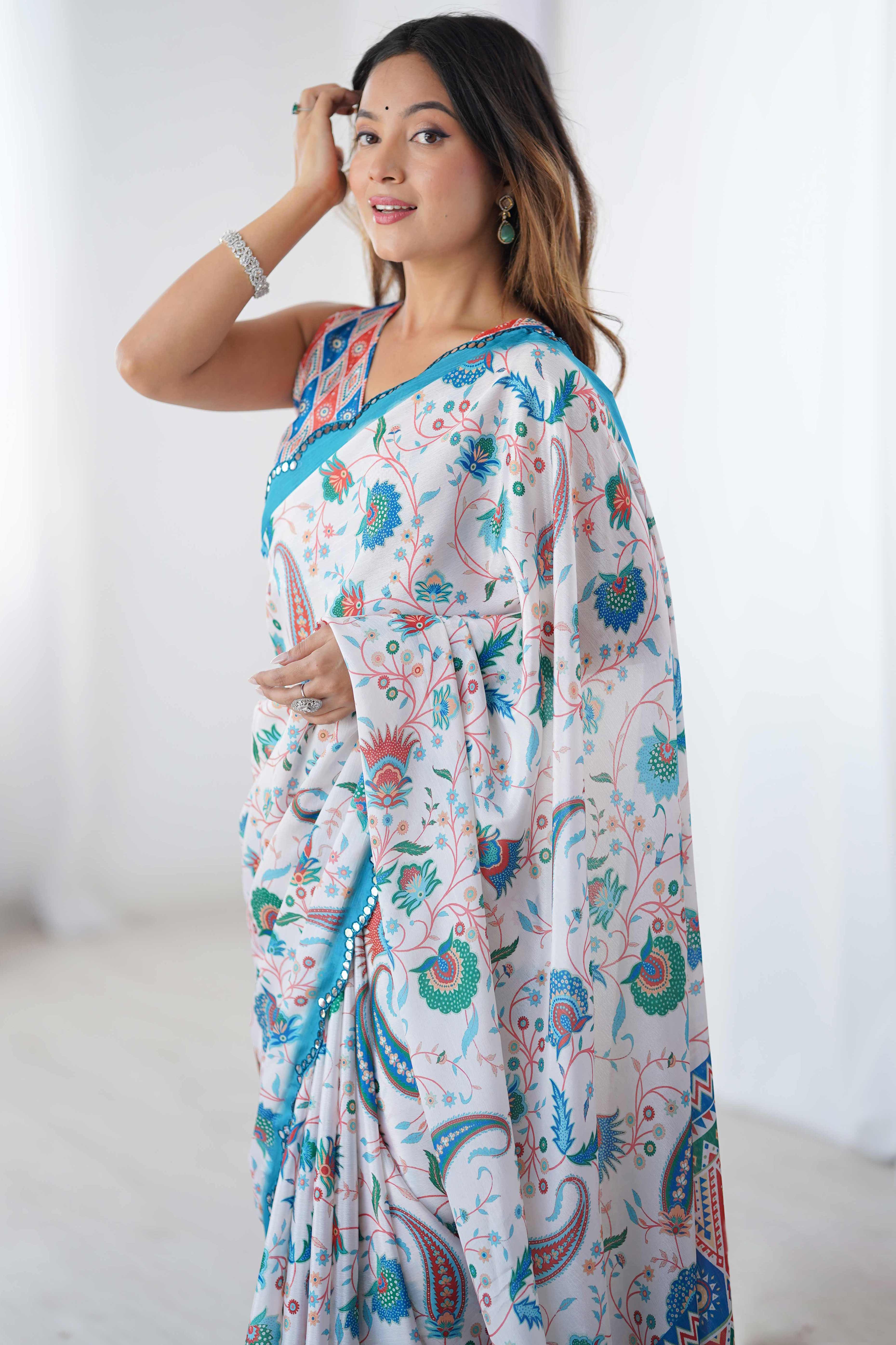 White Floral Printed Chinon Saree with Shimmering Mirror Detailing