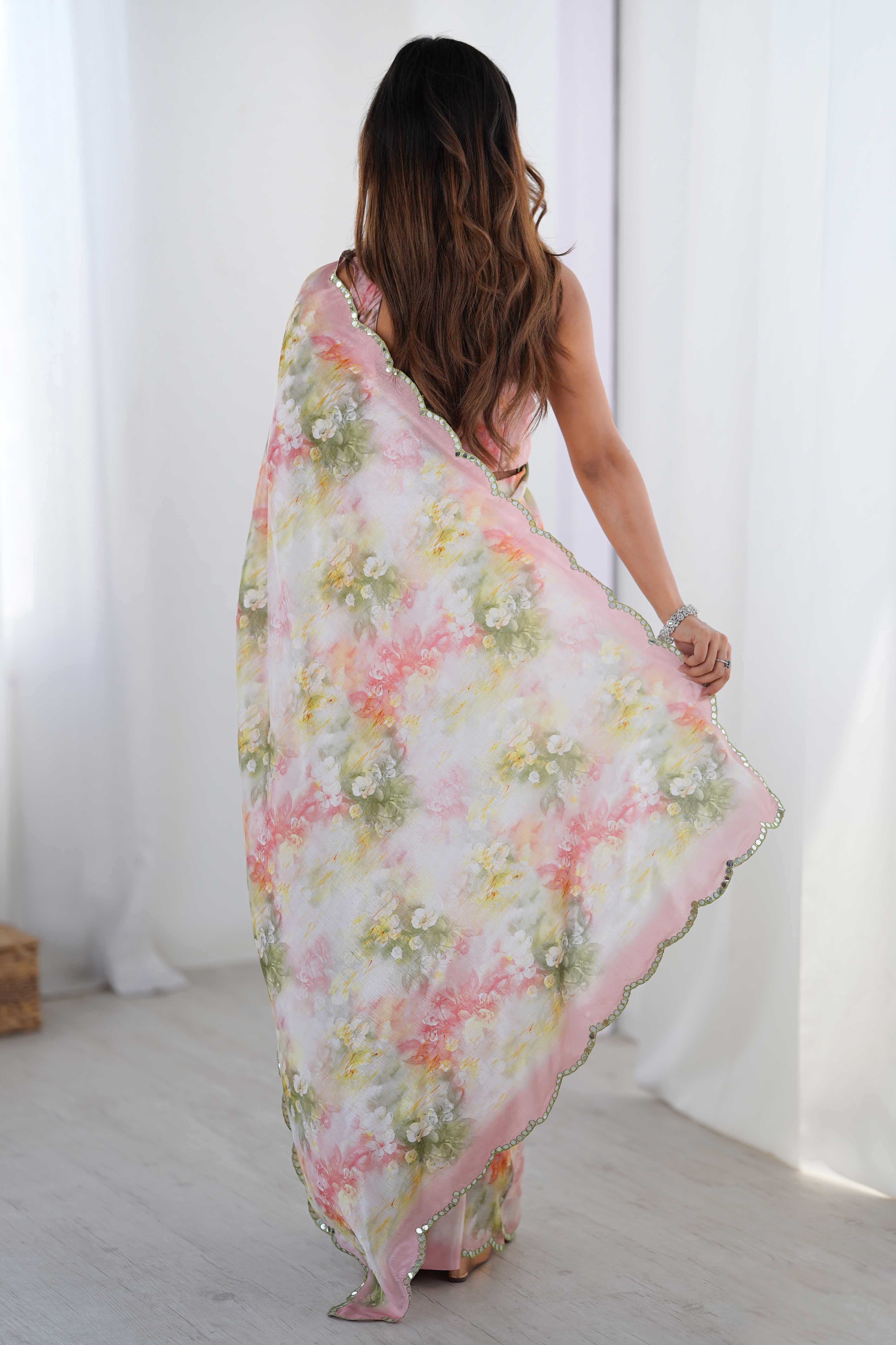 Off White Floral Printed Chinon Saree with Shimmering Mirror Detailing