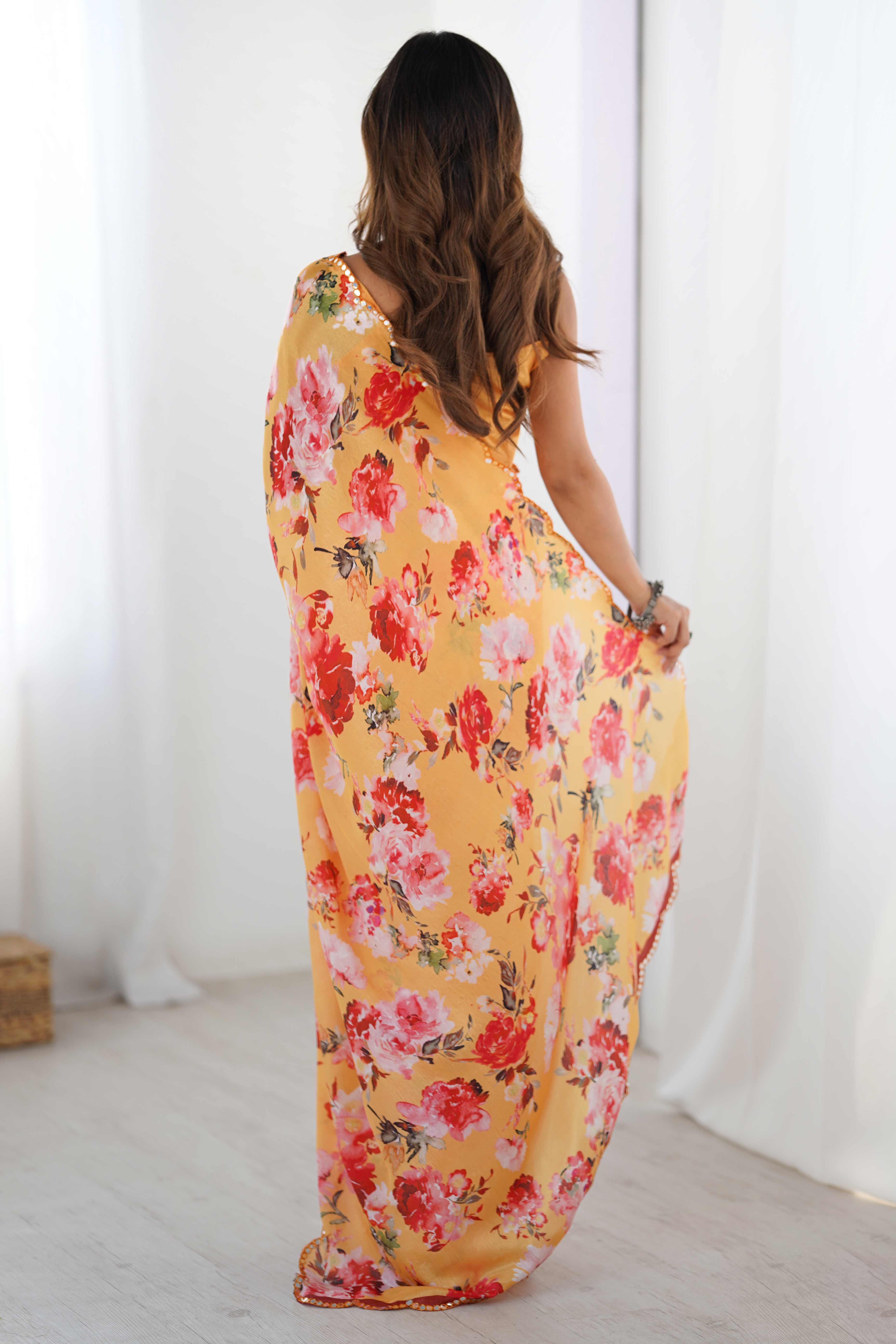 Orange Floral Printed Chinon Saree with Shimmering Mirror Detailing