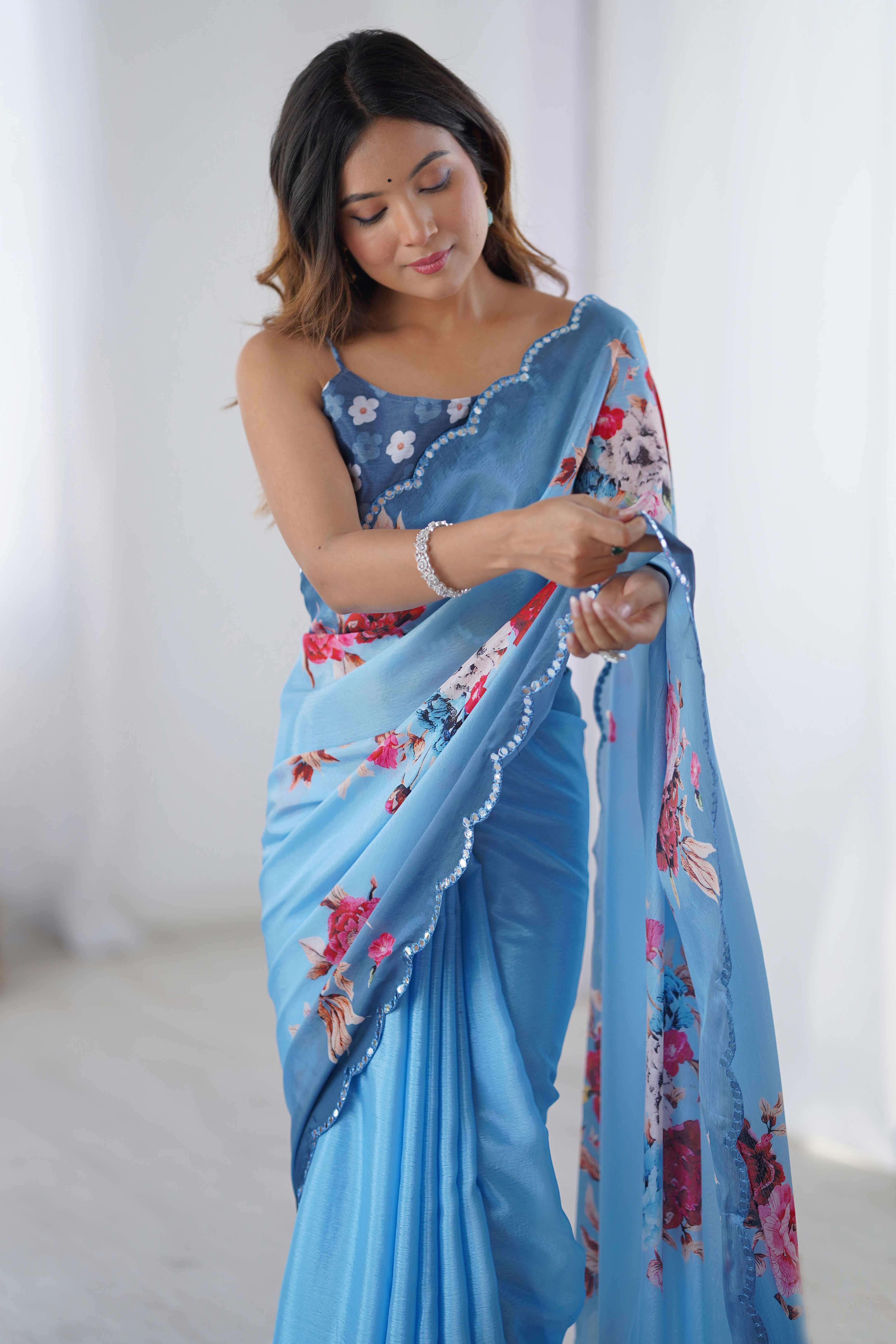 Sky Blue Floral Printed Chinon Saree with Shimmering Mirror Detailing