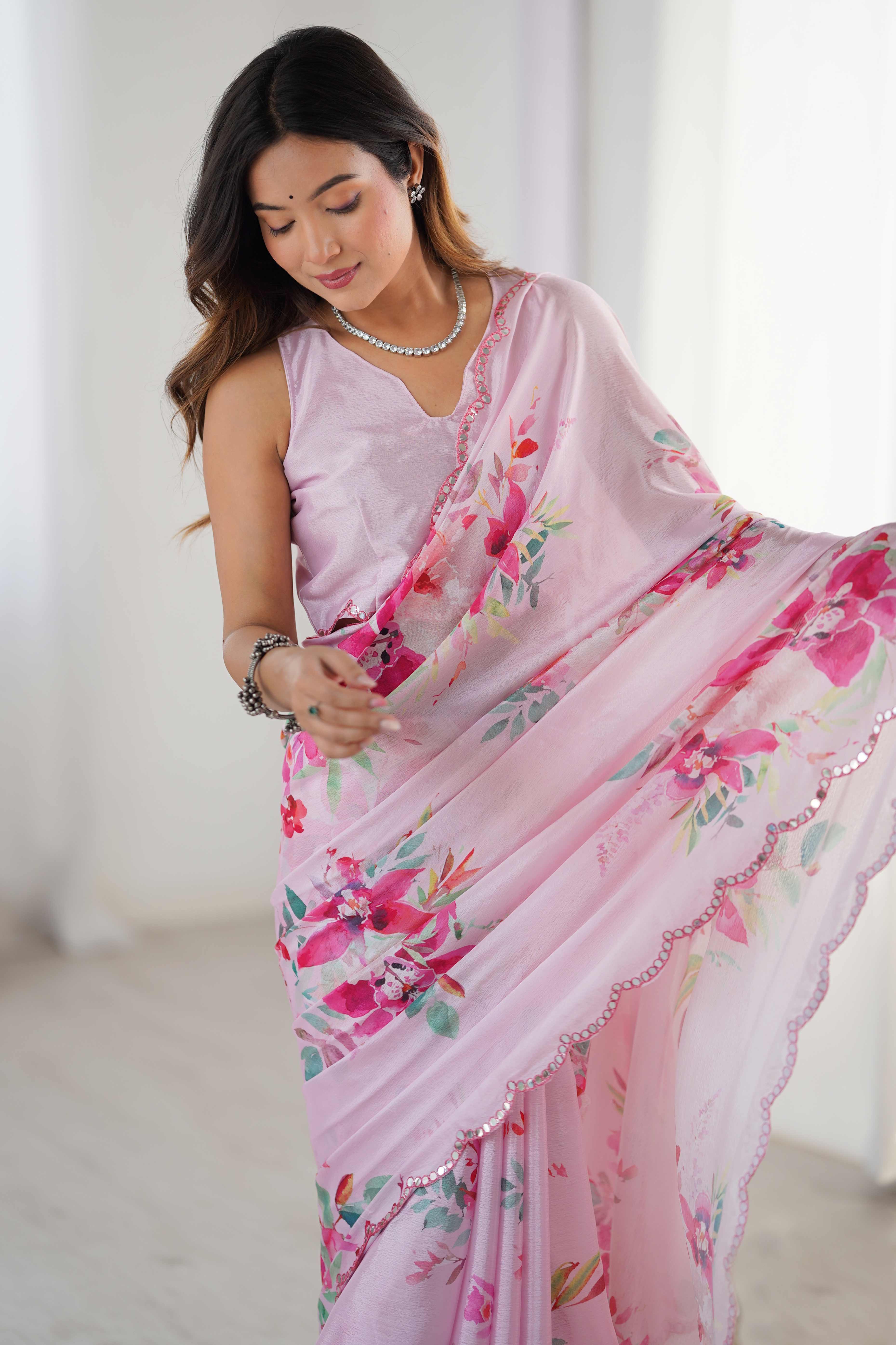 Pink Floral Printed Chinon Saree With Shimmering Mirror Detailing