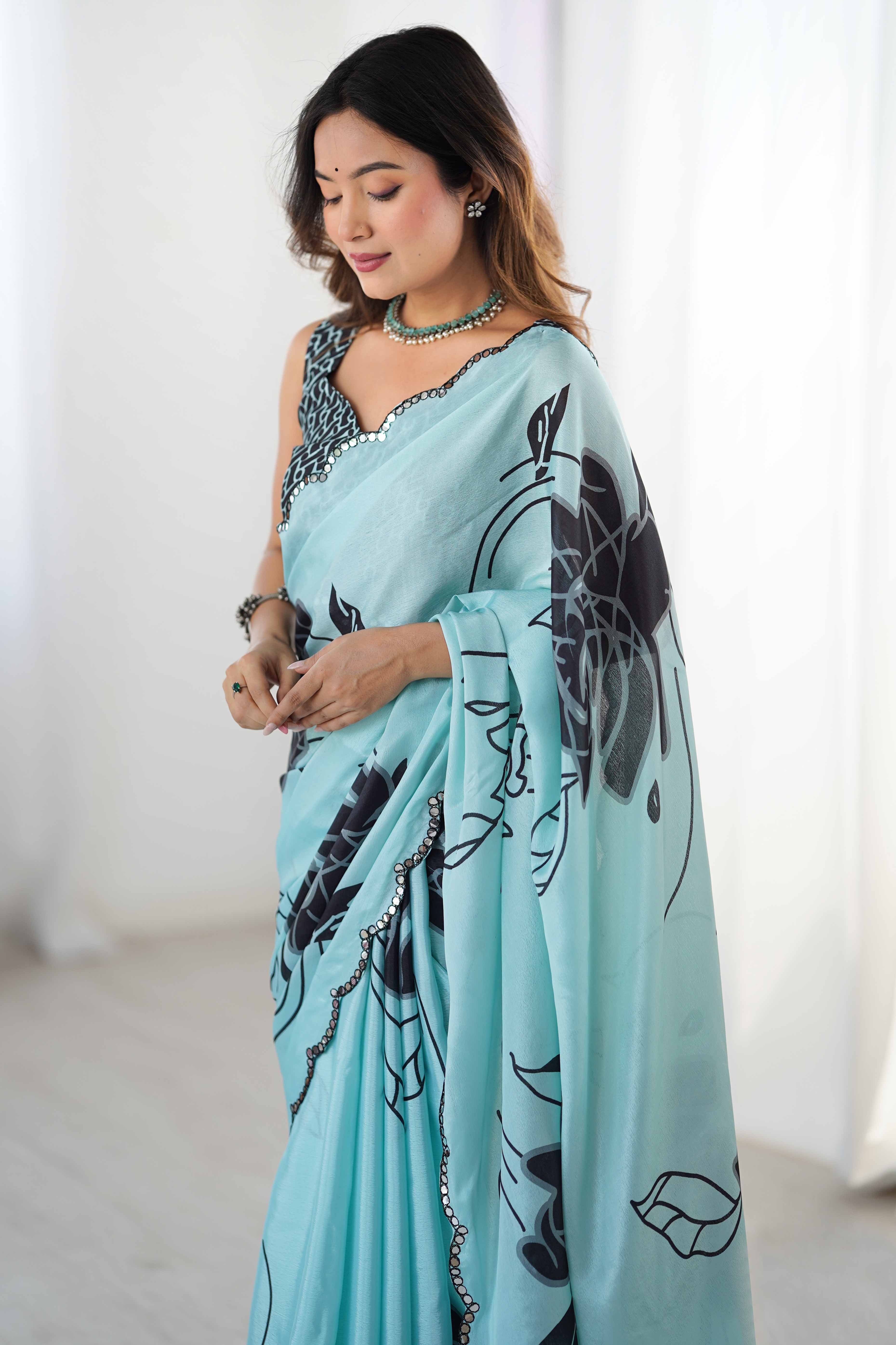Turquoise Floral Printed Chinon Saree With Shimmering Mirror Detailing
