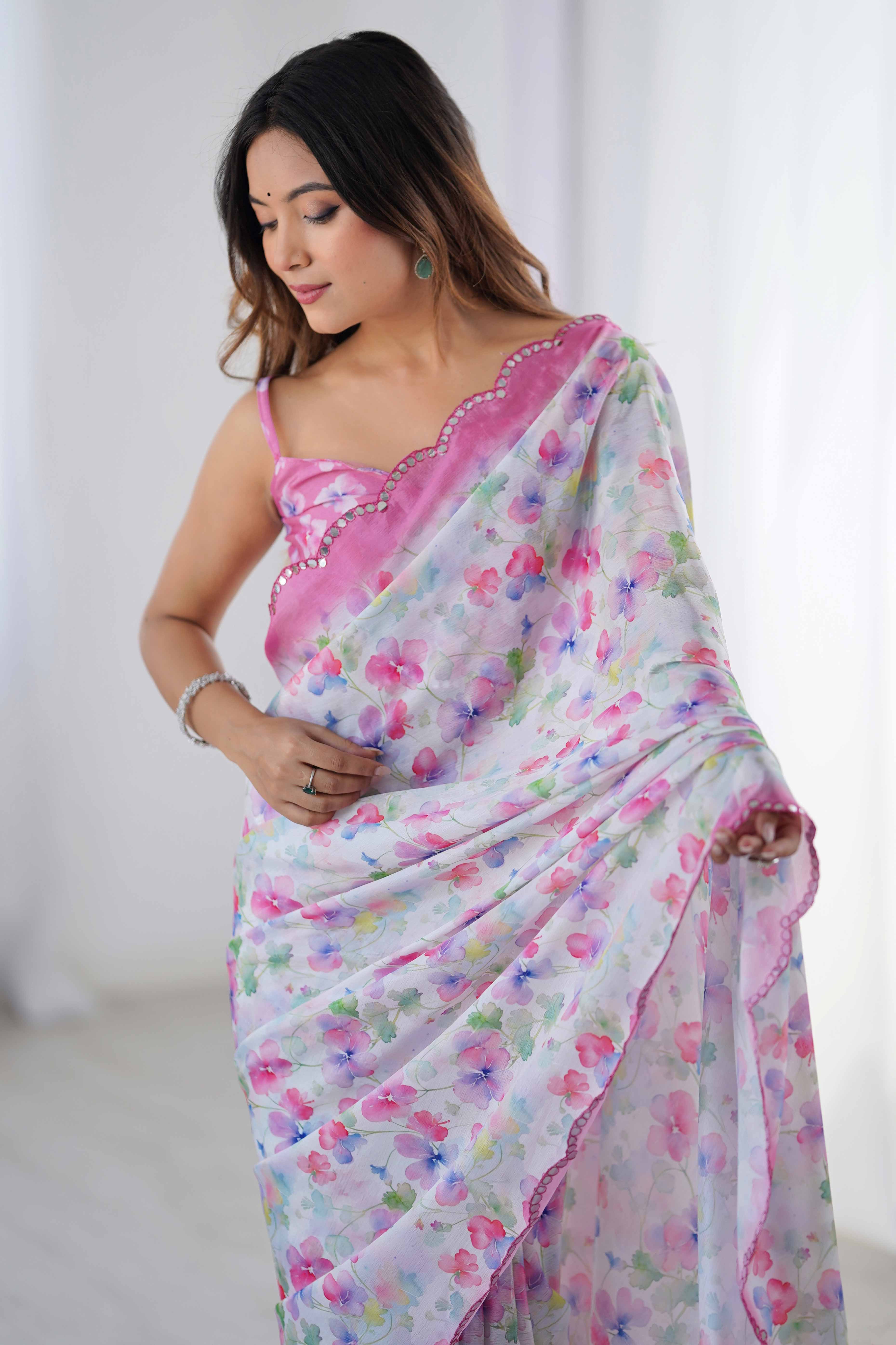 White Floral Printed Chinon Saree With Shimmering Mirror Detailing